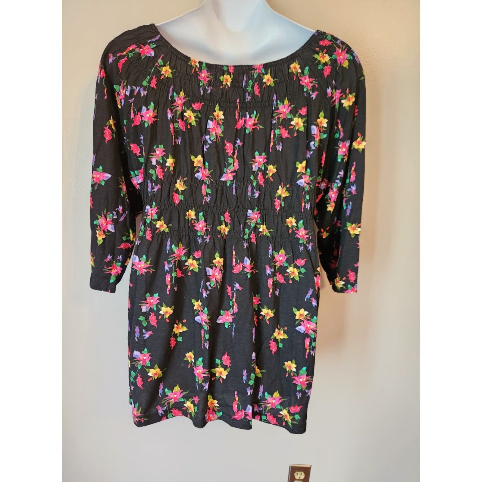 Vintage Woman Within Blouse Shirt Tunic 2X Black Floral 3/4 Sleeve V-Neck Plus Size Womens Size XXL / US 16-18 / IT 52-54 - 6 Thumbnail