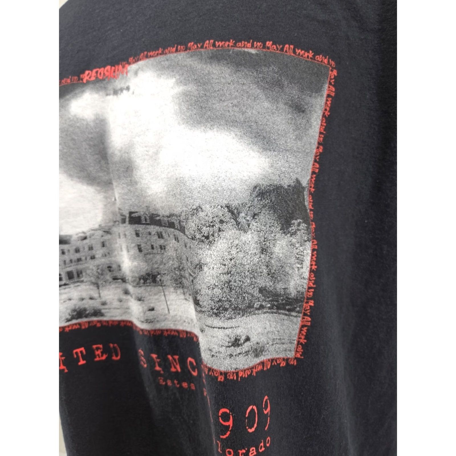 Gildan Gildan Estes Park T Shirt Mens XL Graphic Tee Colorado Stanley Hotel Redrum Photo 1909 Black Cotton Short Sleeve Crew Neck 30" Down Back 1909s Size US XL / EU 56 / 4 - 5 Thumbnail