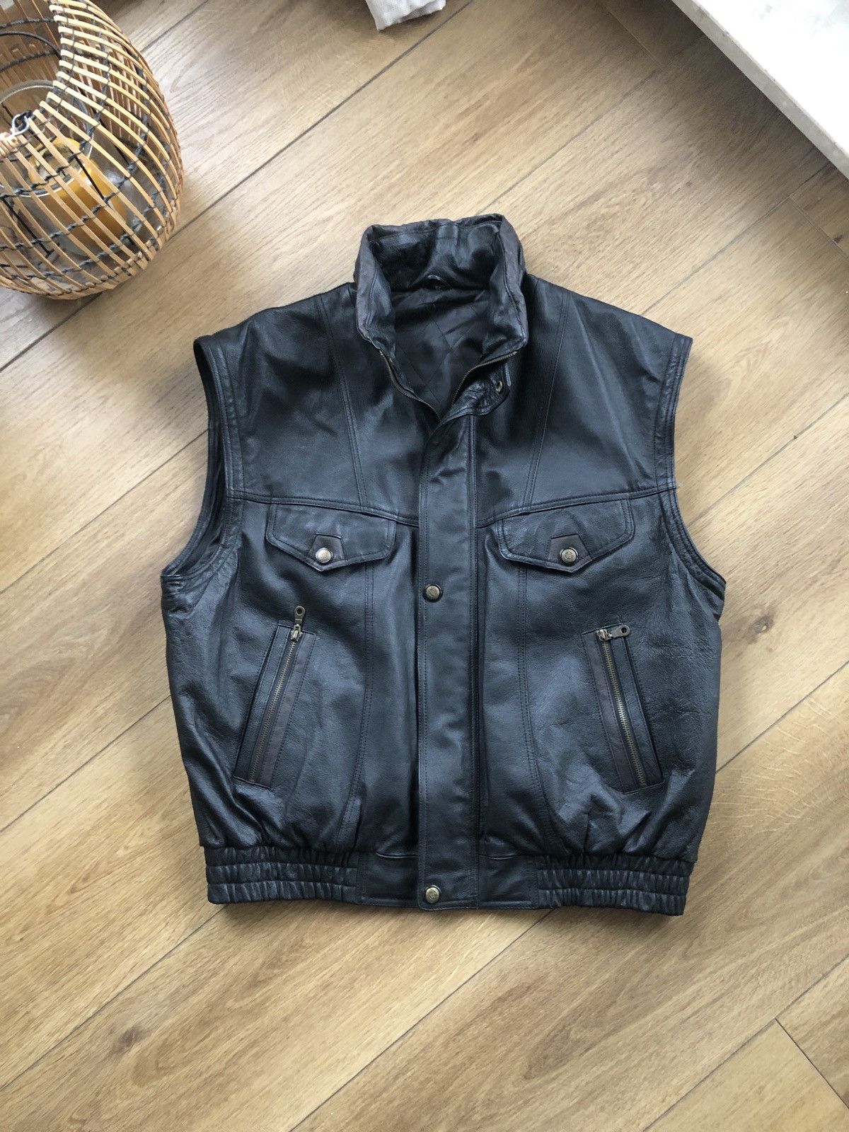 image of Genuine Leather x Leather Jacket Vest Jacket Leather Henry Morell 90's in Black, Men's (Size XL)