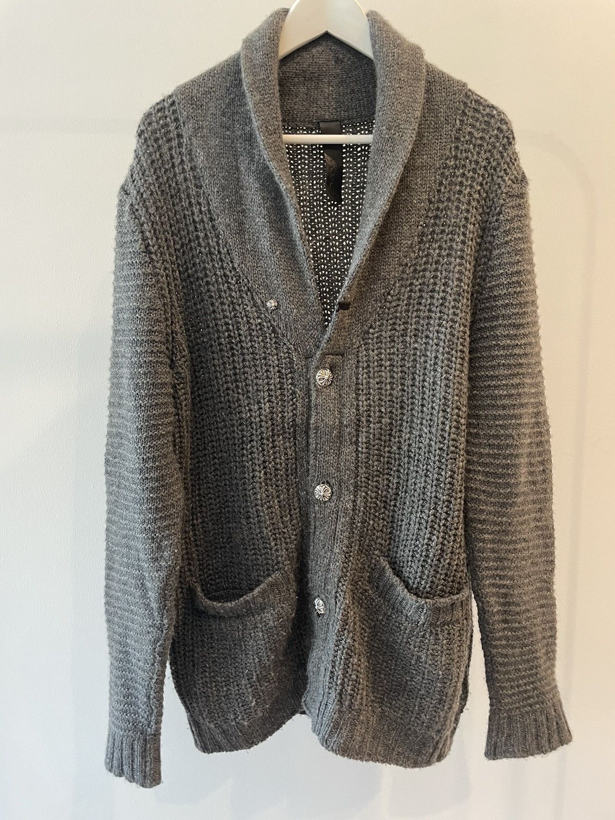 image of Chrome Hearts Cashmere Silver Button Cardigan in Grey, Men's (Size Medium)