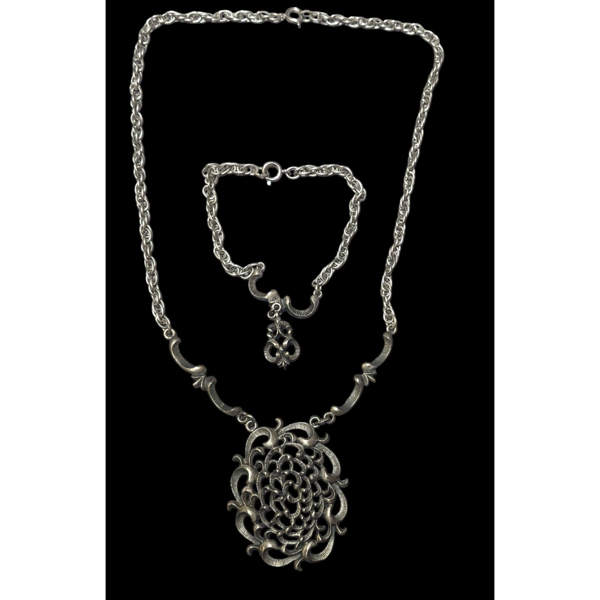 Vintage 70s Amway Spanish Scroll Silver Tone Necklace And Br