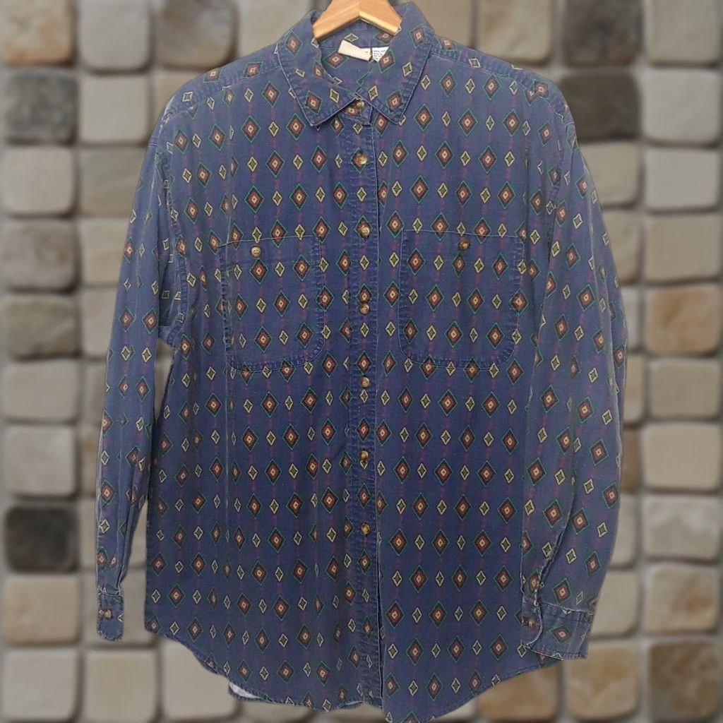 Vintage VINTAGE Palmetto's Shirt Men L Blue 100% Cotton Long Sleeve Geometric Diamond Button-Up 1990s 90s Regular Fit Size US L / EU 52-54 / 3 - 1 Thumbnail