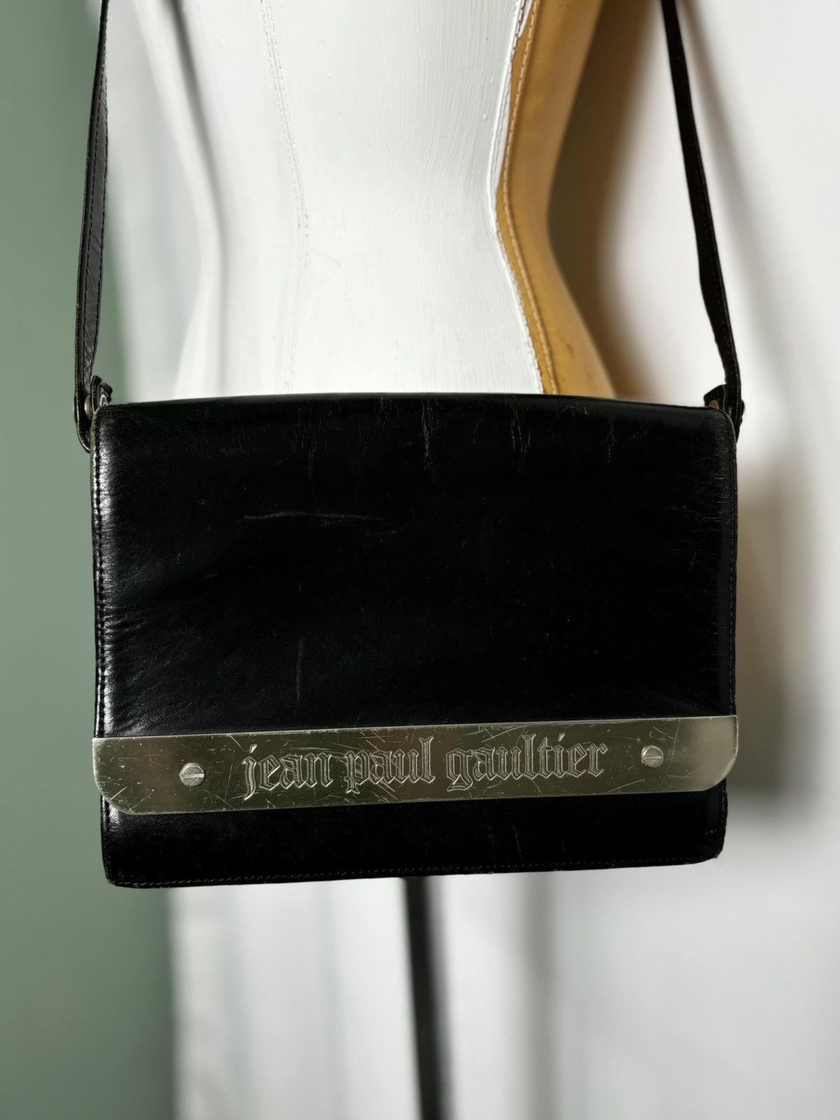Vintage Jean Paul Gaultier Black Leather Metal Plate Purse