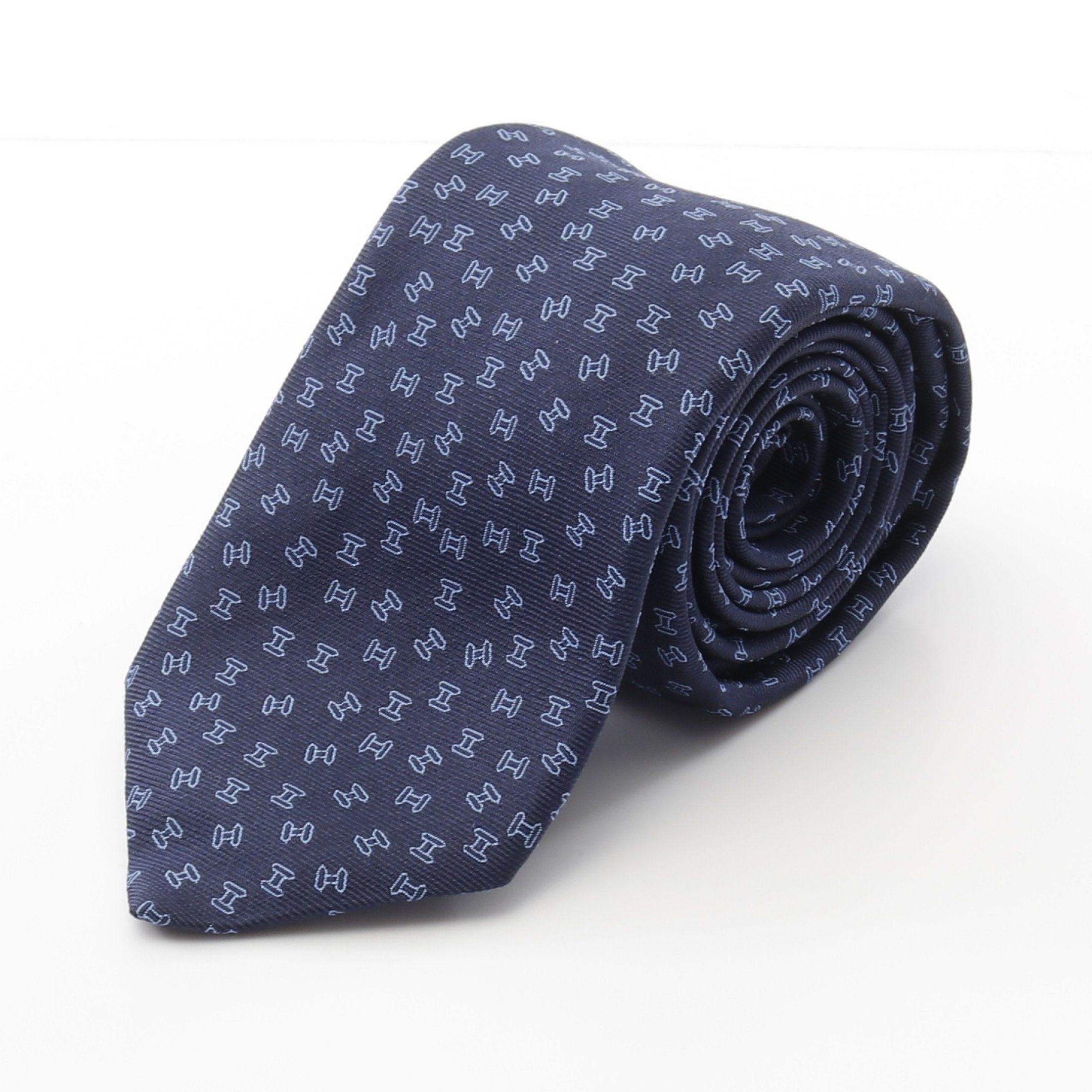 Hermes Hermes H Pattern Tie Silk Navy Blue Size ONE SIZE - 1 Thumbnail