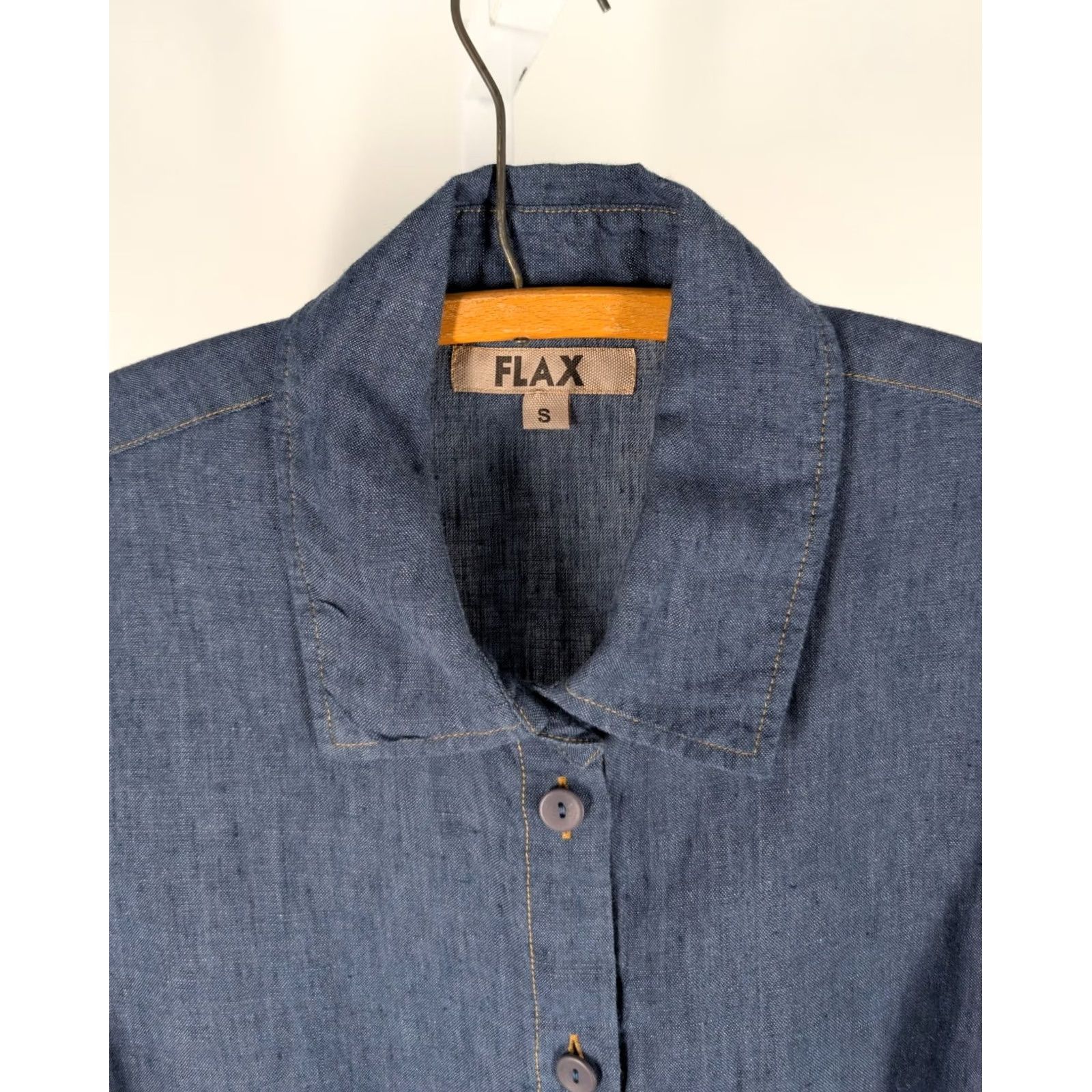FLAX Flax Linen Shirt Button-Up Indigo Blue Short Sleeve Denim Look Lithuania S Women’s Bohemian Chambray Effect Casual Shirts Size S / US 4 / IT 40 - 4 Thumbnail