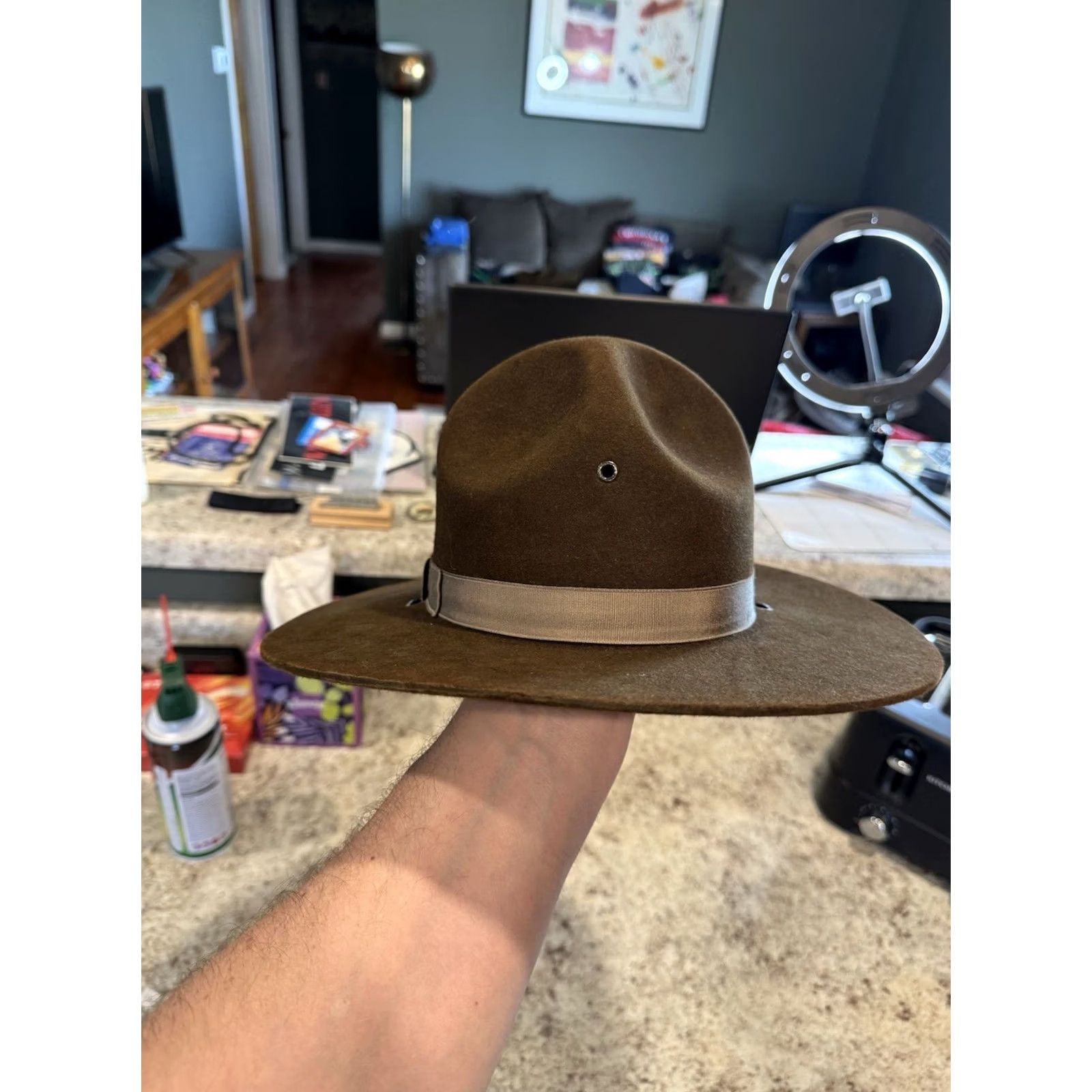 FELT VINTAGE Stratton Self Forming Drill Sergeant Instructor Wool Felt Hat 6 7/8 USA Size ONE SIZE - 4 Thumbnail