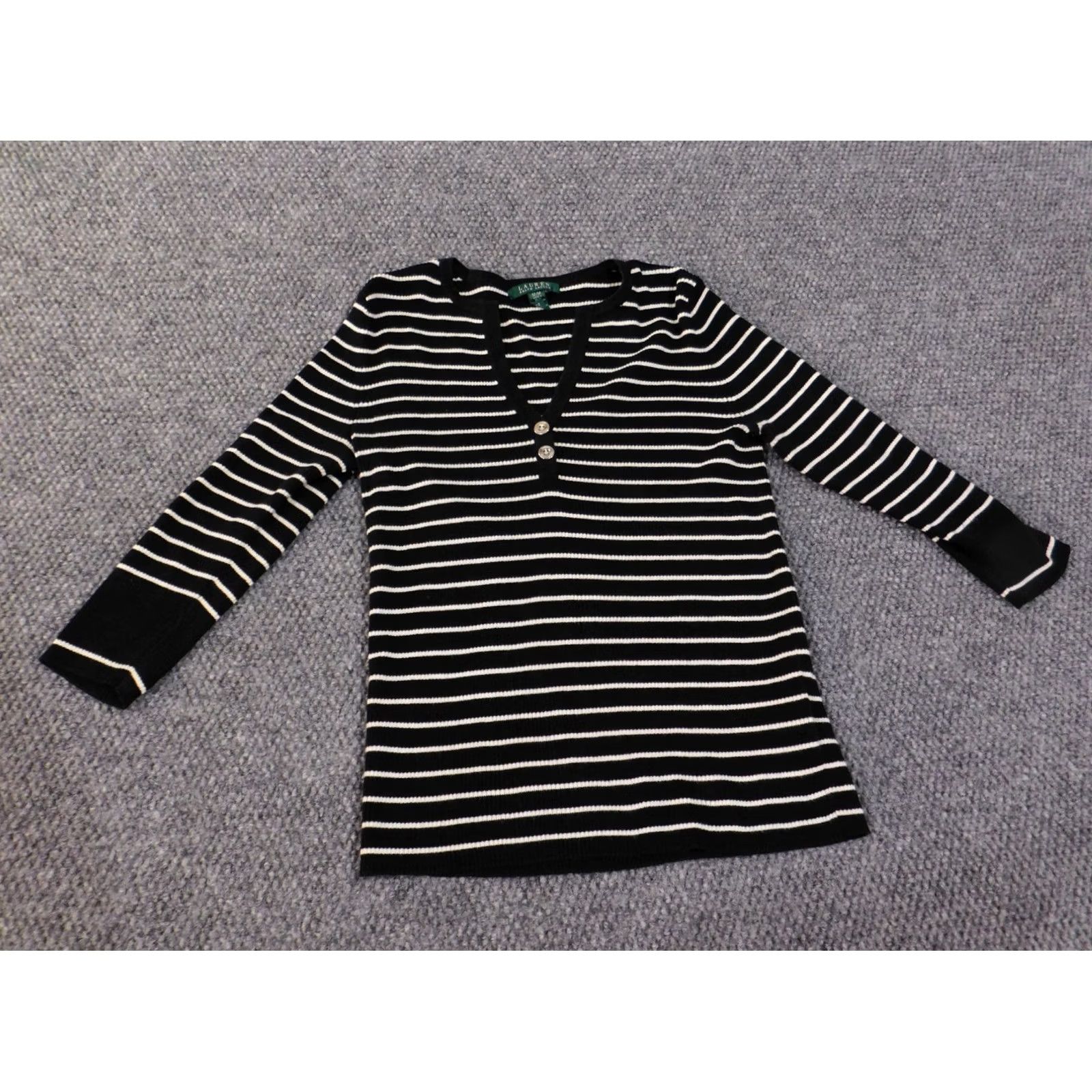 Ralph Lauren Lauren Ralph Lauren Sweater Women Medium V-Neck Striped Knit Black Button Logo Pullover Ballet Size M / US 6-8 / IT 42-44 - 2 Thumbnail