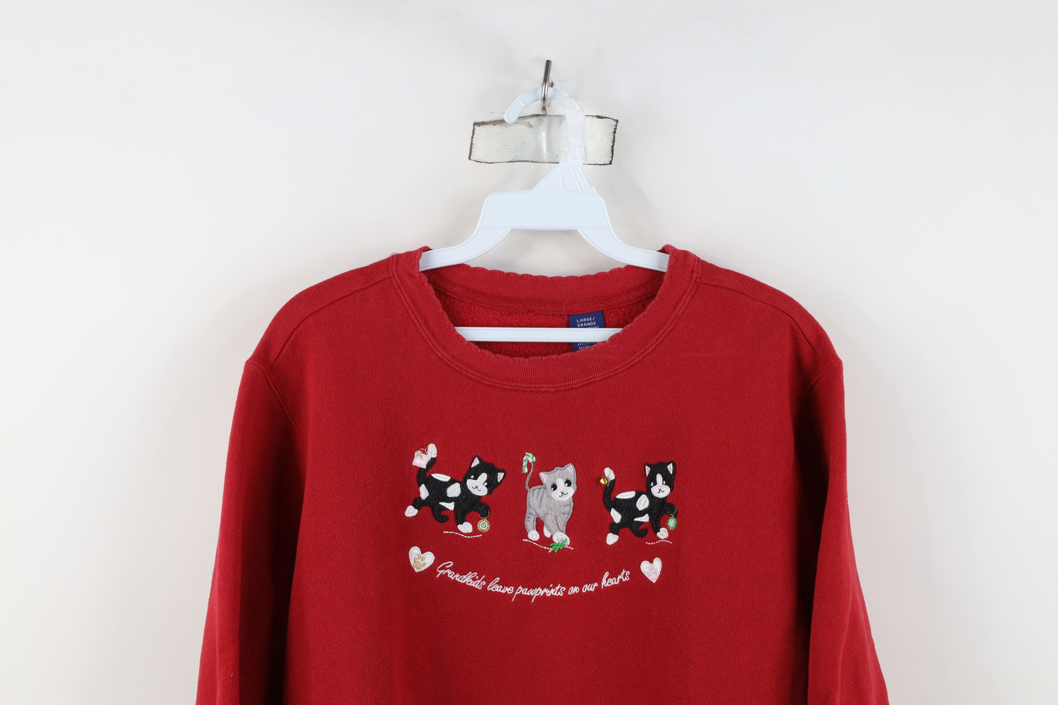 Vintage Vintage 90s Cat Kitten Bell Heart Crewneck Sweatshirt Red Size L / US 10 / IT 46 - 2 Thumbnail