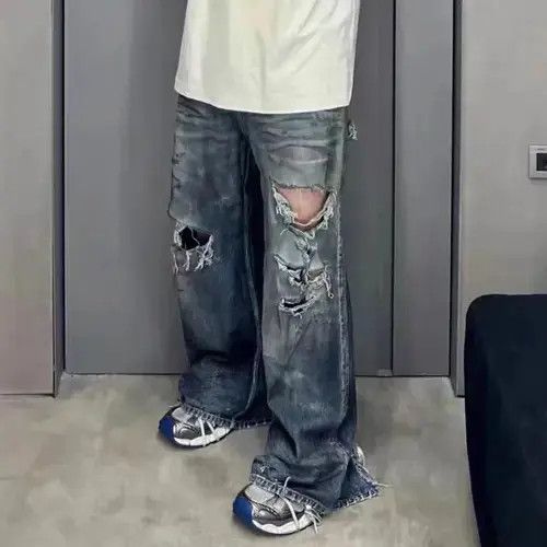Jean × Vintage Frayed Damaged Hole Baggy Wide Leg Jeans Size US 30 / EU 46 - 1 Thumbnail