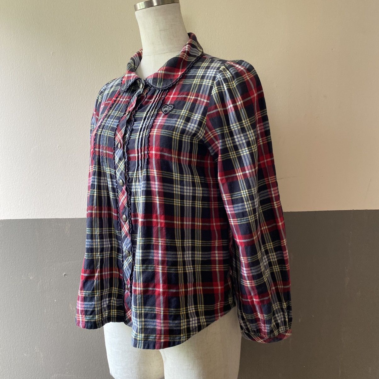 Japanese Brand Mezzo Piano Red Navy Check Long Sleeve Blouse Size S / US 4 / IT 40 - 1 Thumbnail