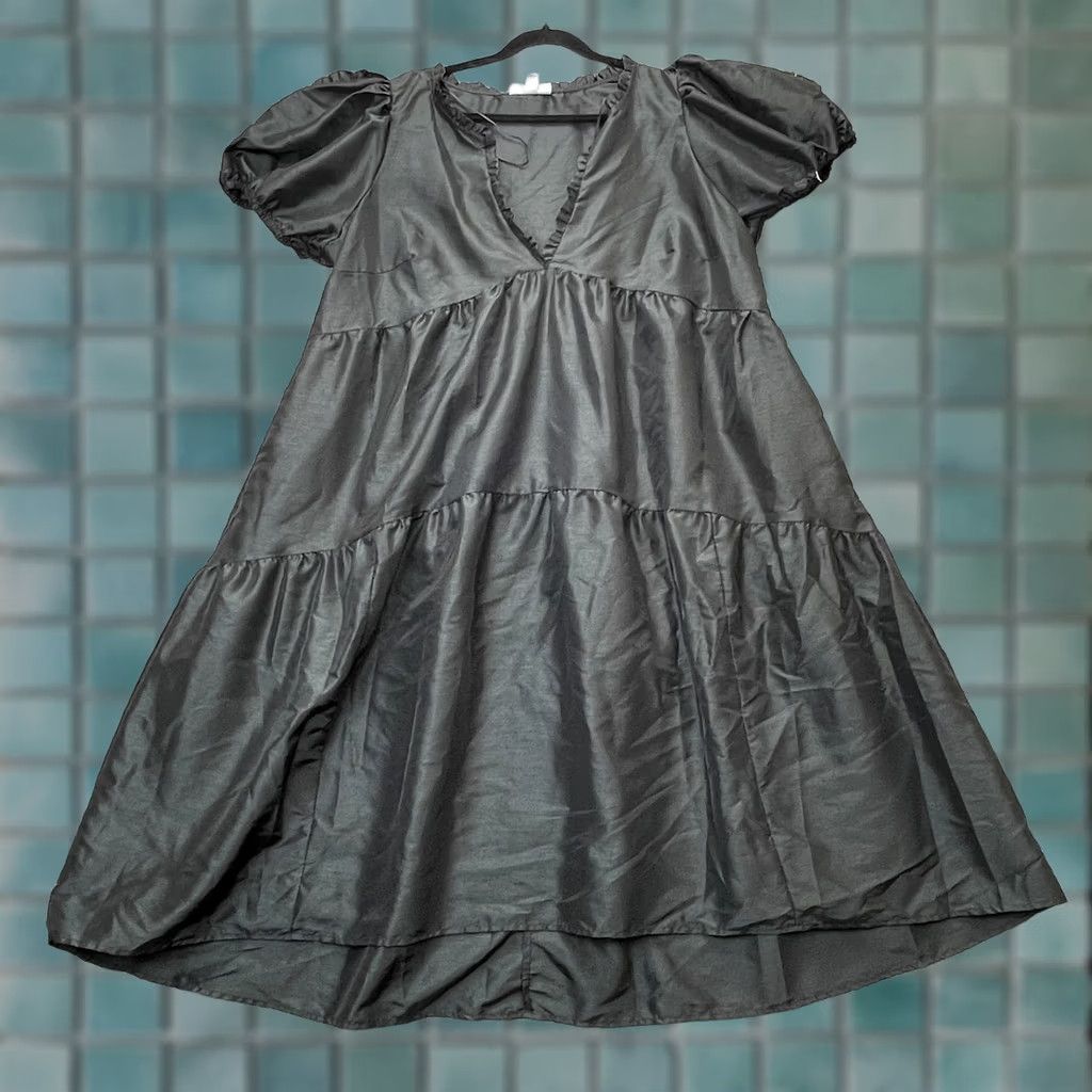 Vintage Kika Vargas Dress Womens XL Plus Black Fit & Flare Puff Sleeve Tiered Ruffle Short Sleeve V-Neck Size XL / US 12-14 / IT 48-50 - 1 Thumbnail