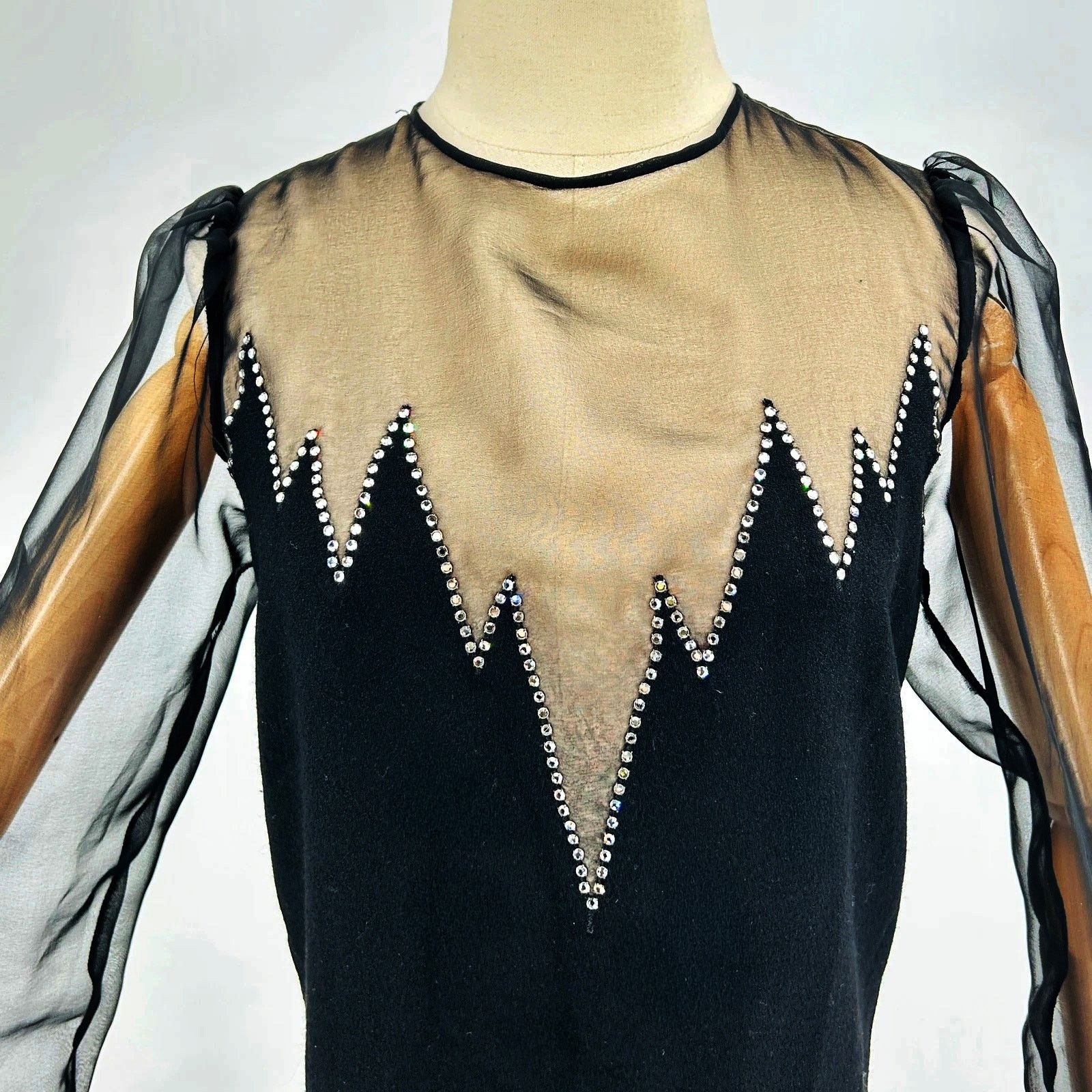Vintage 70s Joan Leslie Black Rhinestone Sheer Sleeve Cocktail Dress Size L / US 10 / IT 46 - 2 Thumbnail