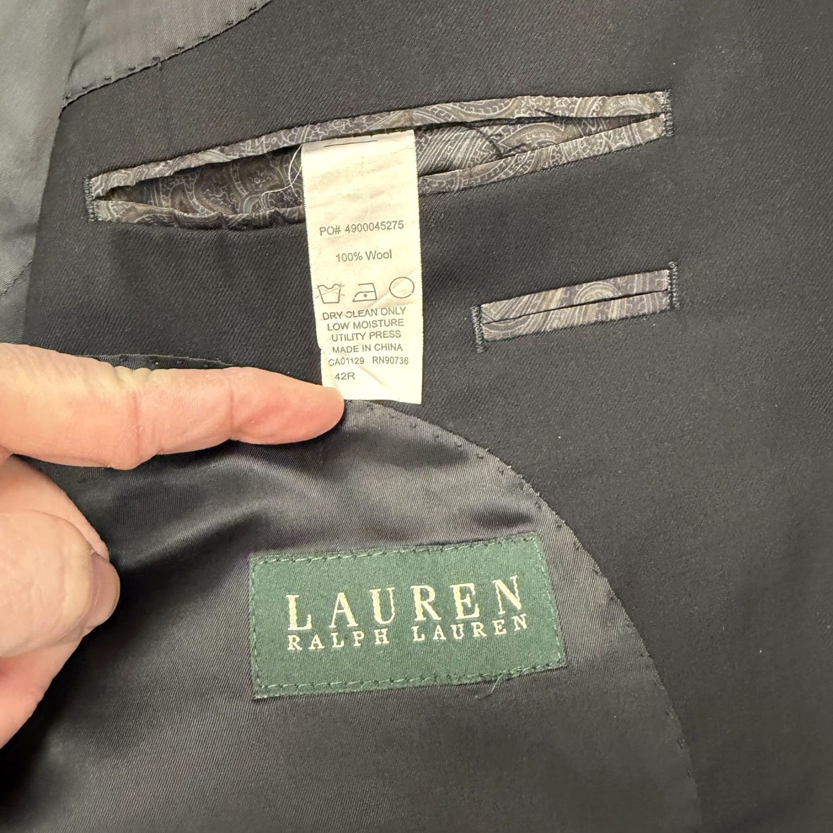 Ralph Lauren VINTAGE Lauren Ralph Lauren Suit Jacket Mens 42R Black 100% Wool Two Button Formal Size 42R - 6 Thumbnail