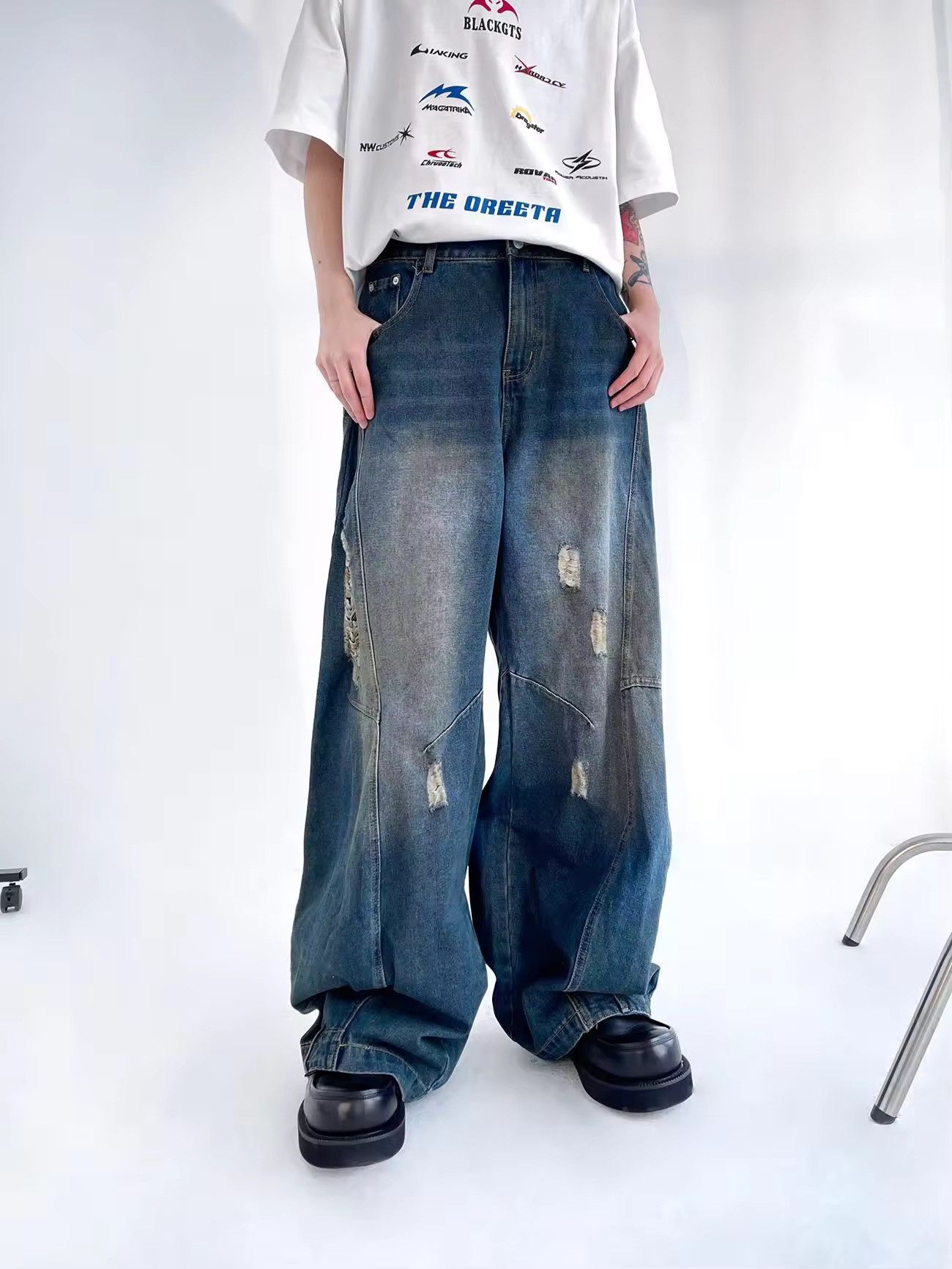 Designer × Vintage Streetwear Ripped Distressed Hip Hop Wide Leg Jeans Pants Size US 29 - 2 Thumbnail