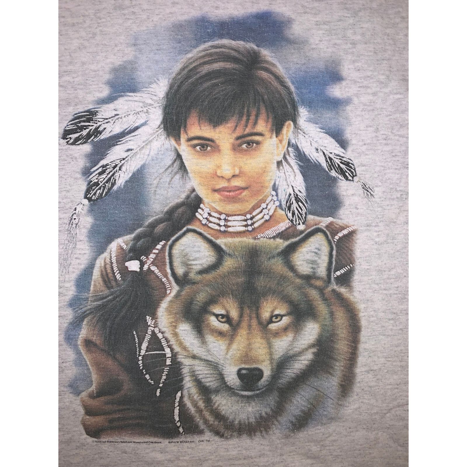 Anvil × Other × Vintage Vintage 90s Native American Wolf T Shirt USA L Single Stitch Size US L / EU 52-54 / 3 - 1 Thumbnail