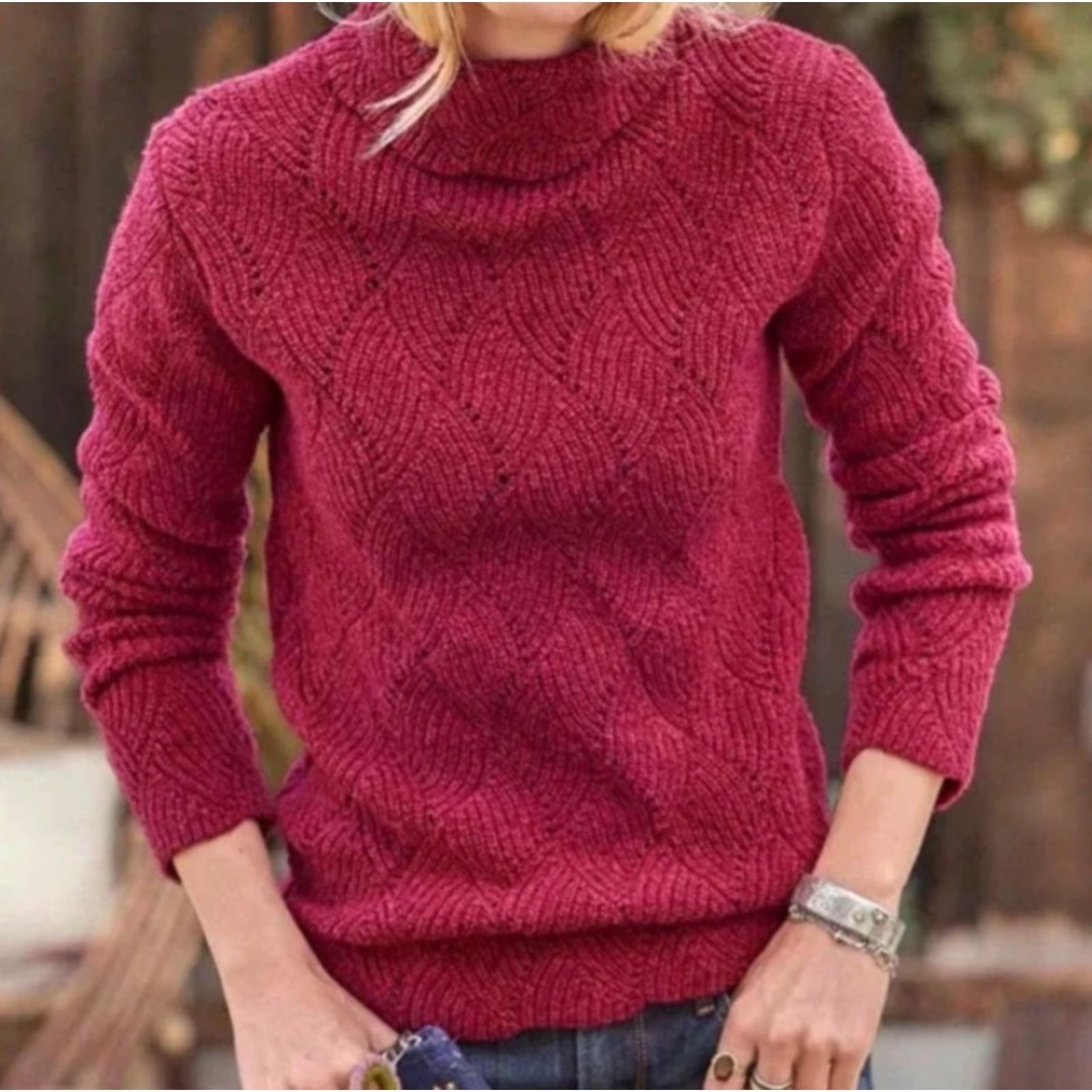 Vintage Sundance Womens Magenta Pink Champlain Cable Knit Turtleneck Sweater-Size M Size M / US 6-8 / IT 42-44 - 2 Thumbnail