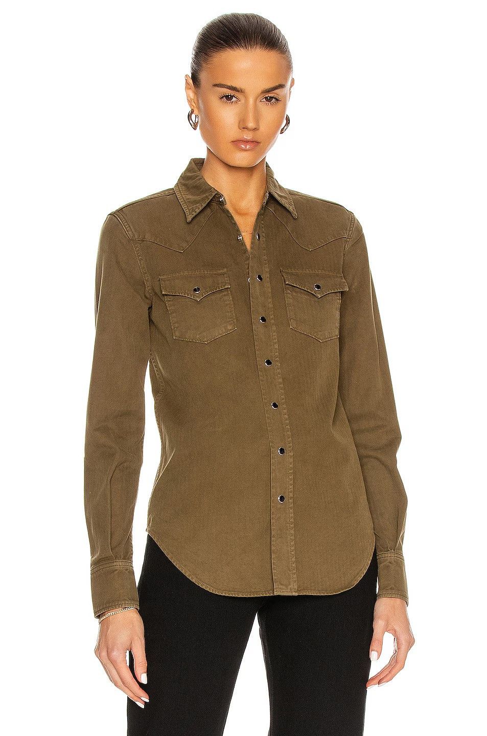 Saint Laurent Paris Khaki Stonewashed Western Yoke Denim Shirt Size XS / US 0-2 / IT 36-38 - 1 Thumbnail