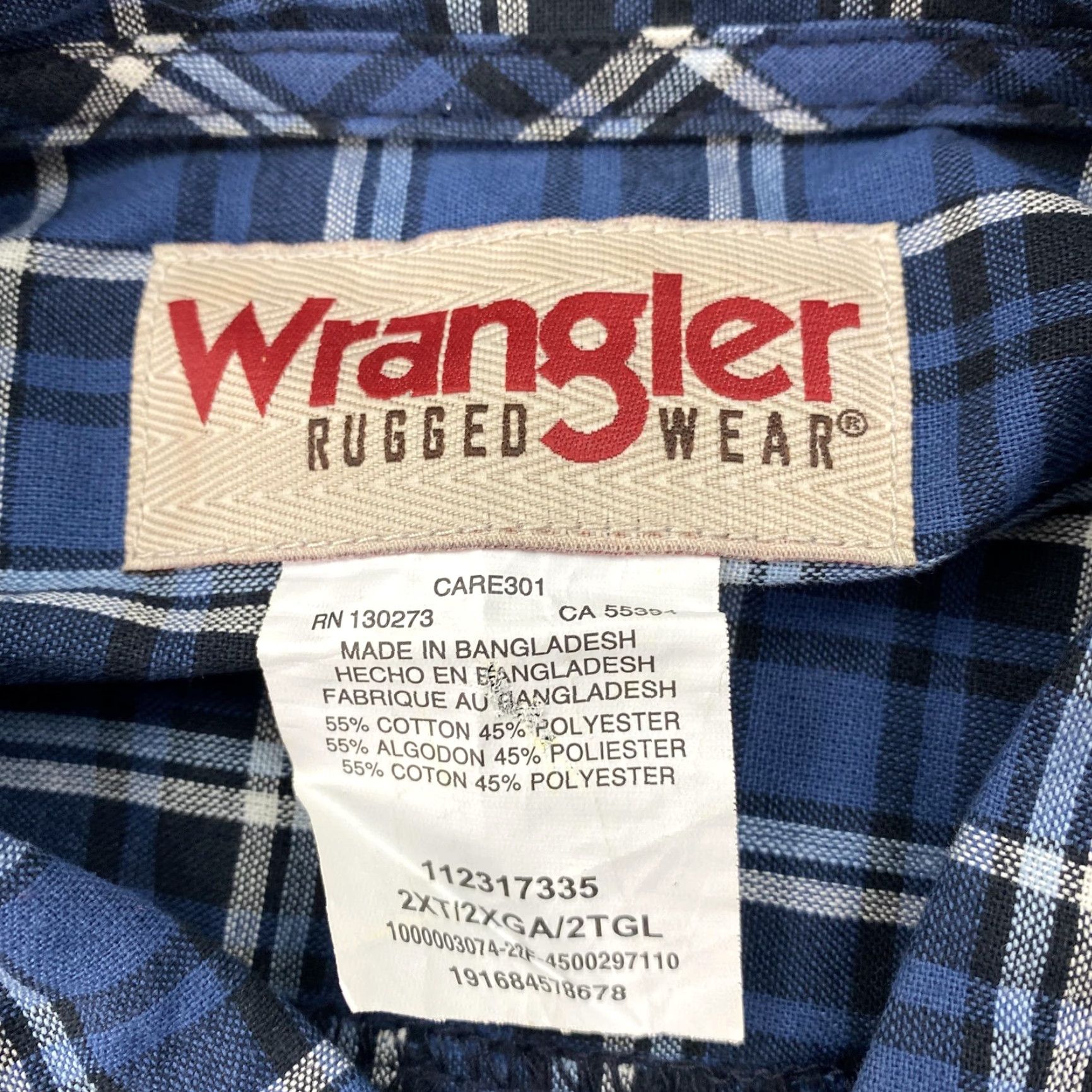 Wrangler Wrangler Shirt Mens 2XL Tall Blue Plaid Button Down Long Sleeve Rugged Wear Size US XXL / EU 58 / 5 - 4 Thumbnail