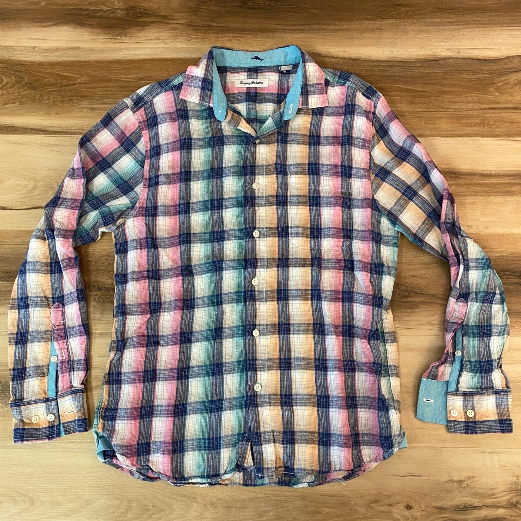 Tommy Bahama Tommy Bahama Linen Shirt Mens Medium Plaid Long Sleeve Button Up Multicolor Shirt Size US M / EU 48-50 / 2 - 2 Thumbnail