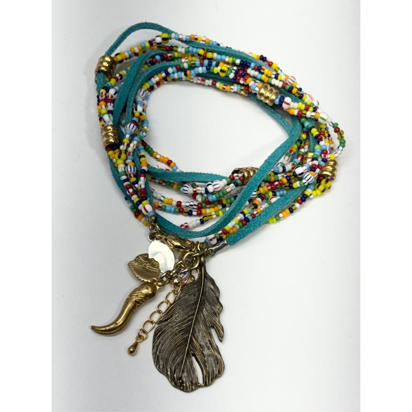 Vintage Vintage blue suede seed bead wrap horn feather charm necklac Size ONE SIZE - 2 Thumbnail
