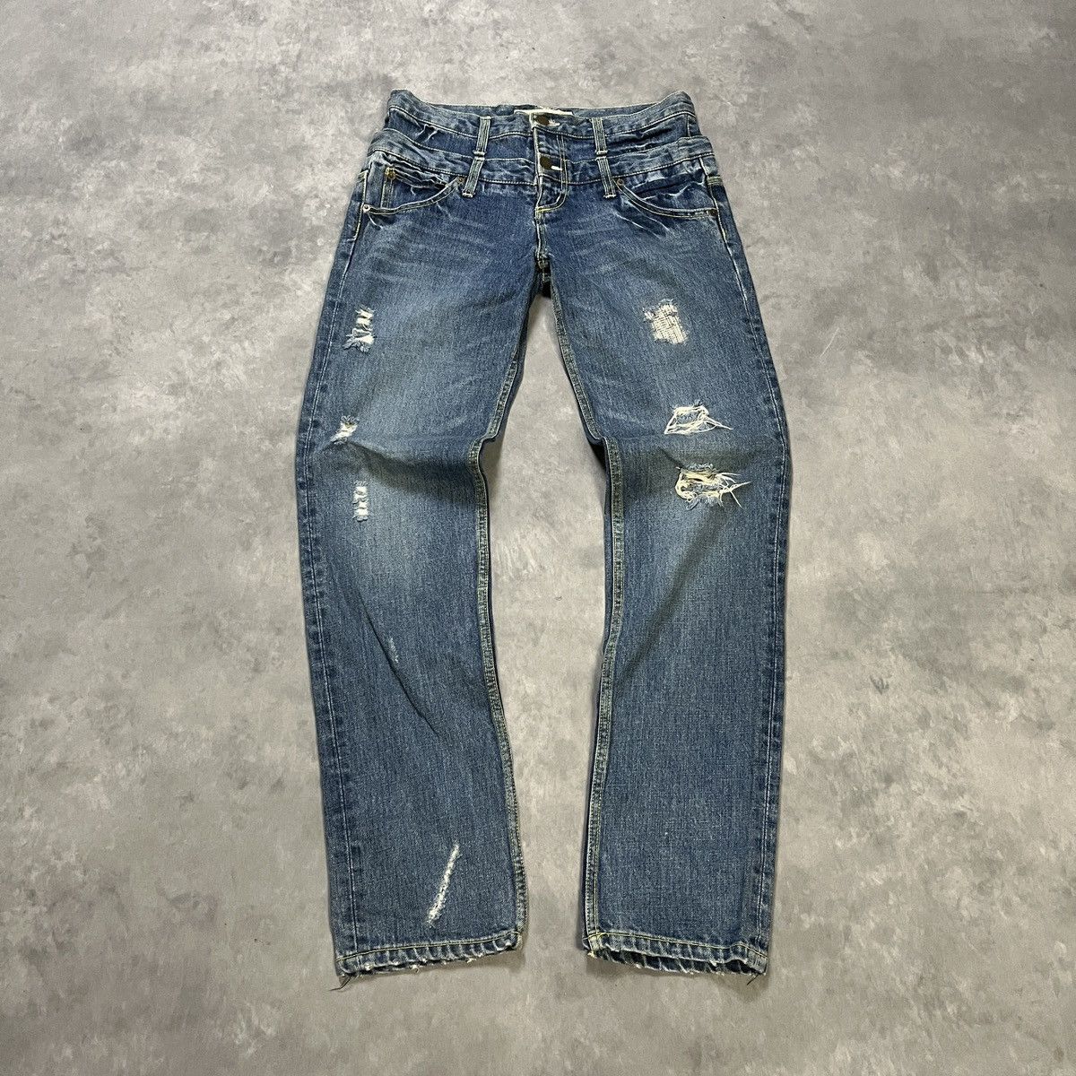 Japanese Brand 2000s Double Waist Crochet Lace Pocket Distressed Fade jeans Size US 30 / EU 46 - 1 Thumbnail