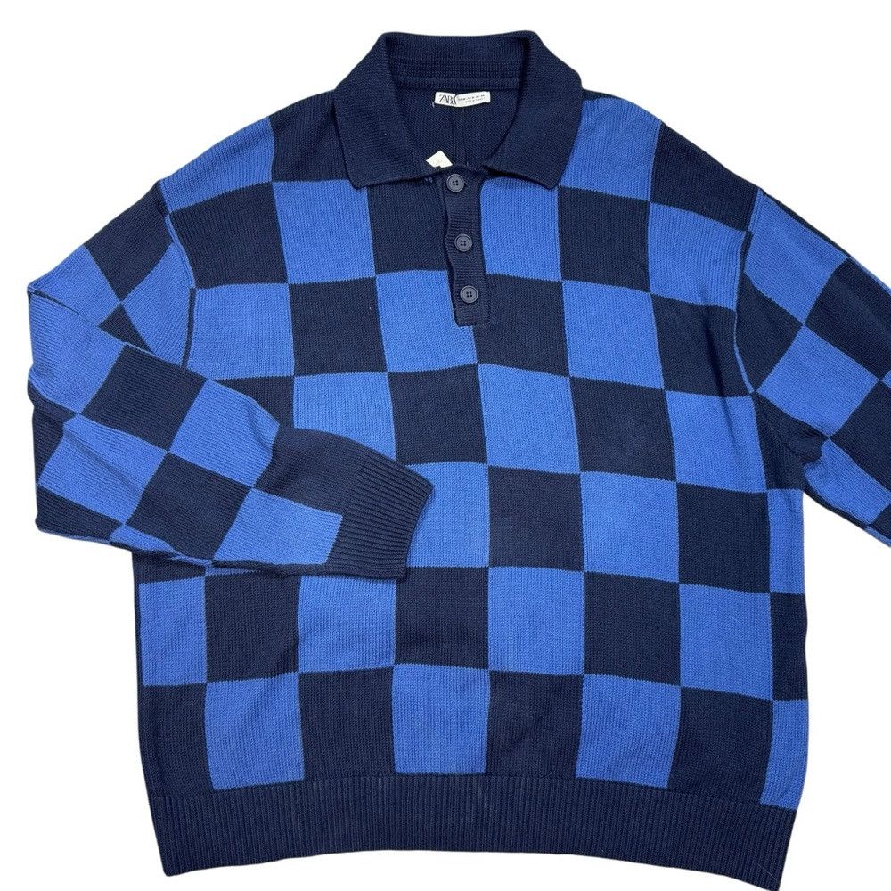 Zara NWT New Zara Check Knit Polo Cotton Blue Sweater Size M Size US M / EU 48-50 / 2 - 4 Thumbnail