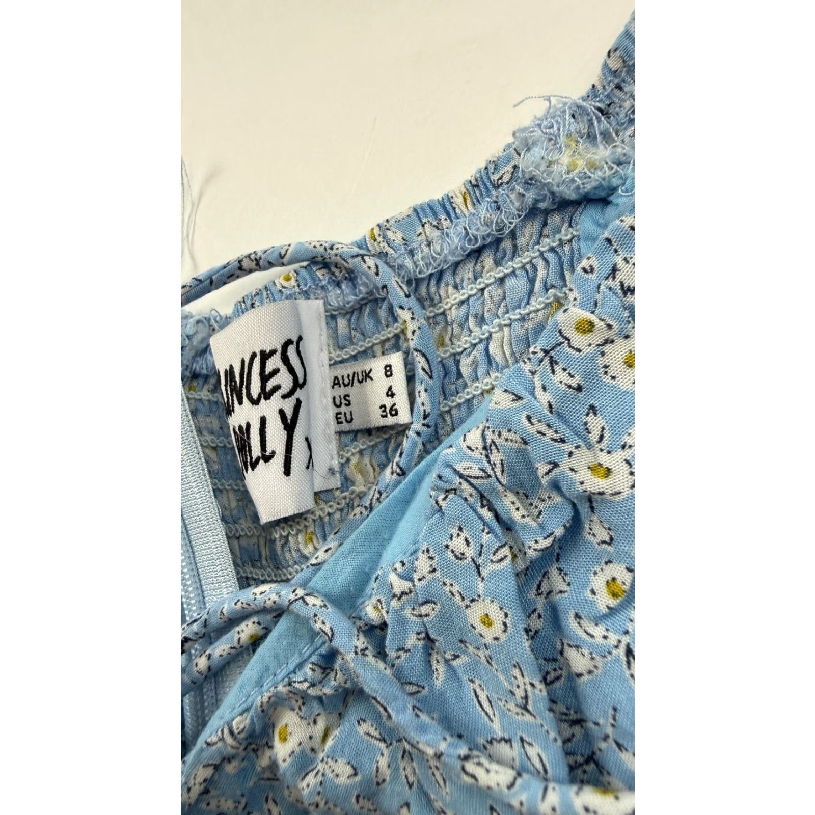 PRINCESS POLLY Princess Polly Romper Womens 4 Blue Daisy Floral Puff Sleeve Smocked Ruffle Hem Size 27" / US 4 / IT 40 - 6 Thumbnail