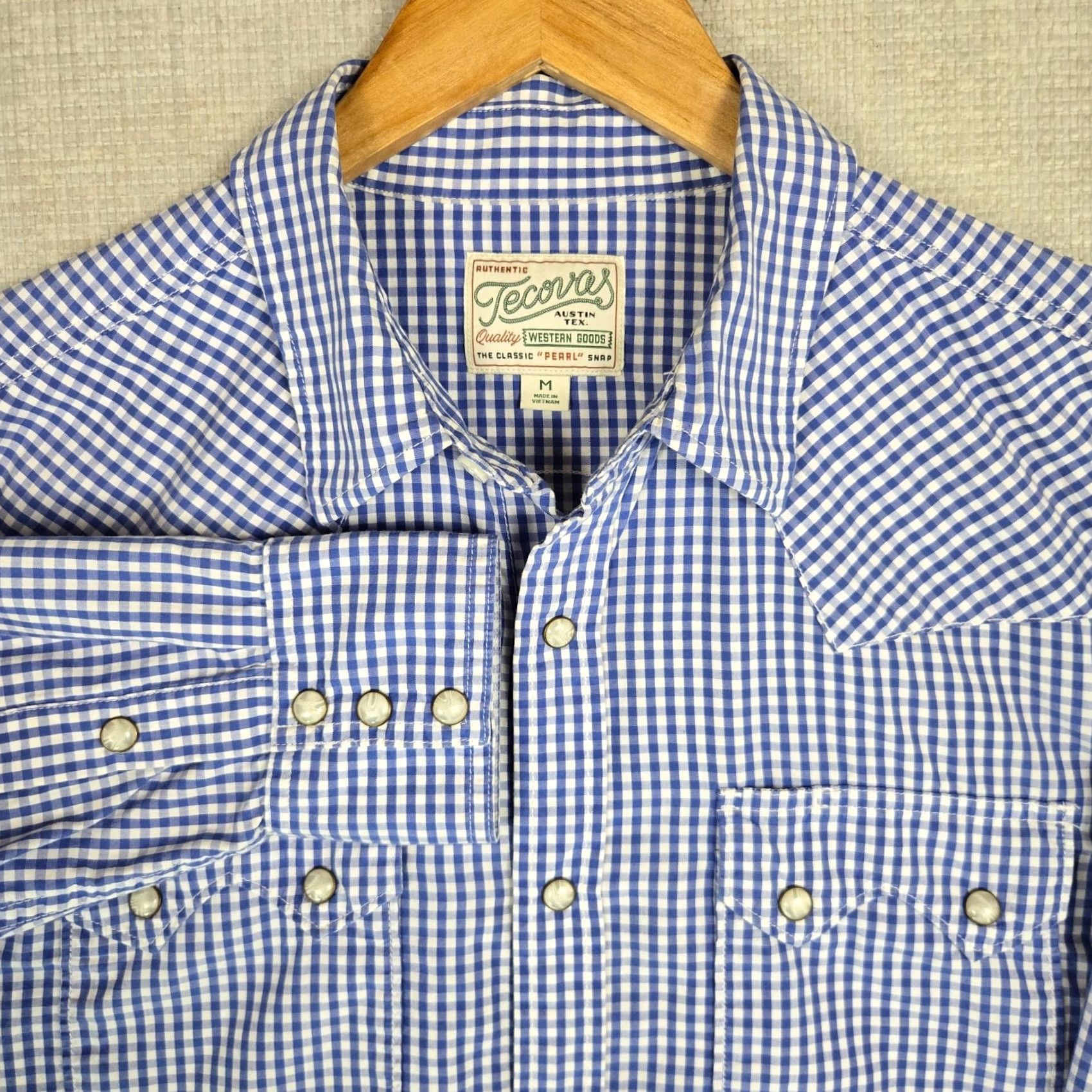 Tecovas Tecovas Austin TX Mens Shirt Long Sleeve Western Pearl Snap Cotton Blue/White Gingham Check Size US M / EU 48-50 / 2 - 2 Thumbnail