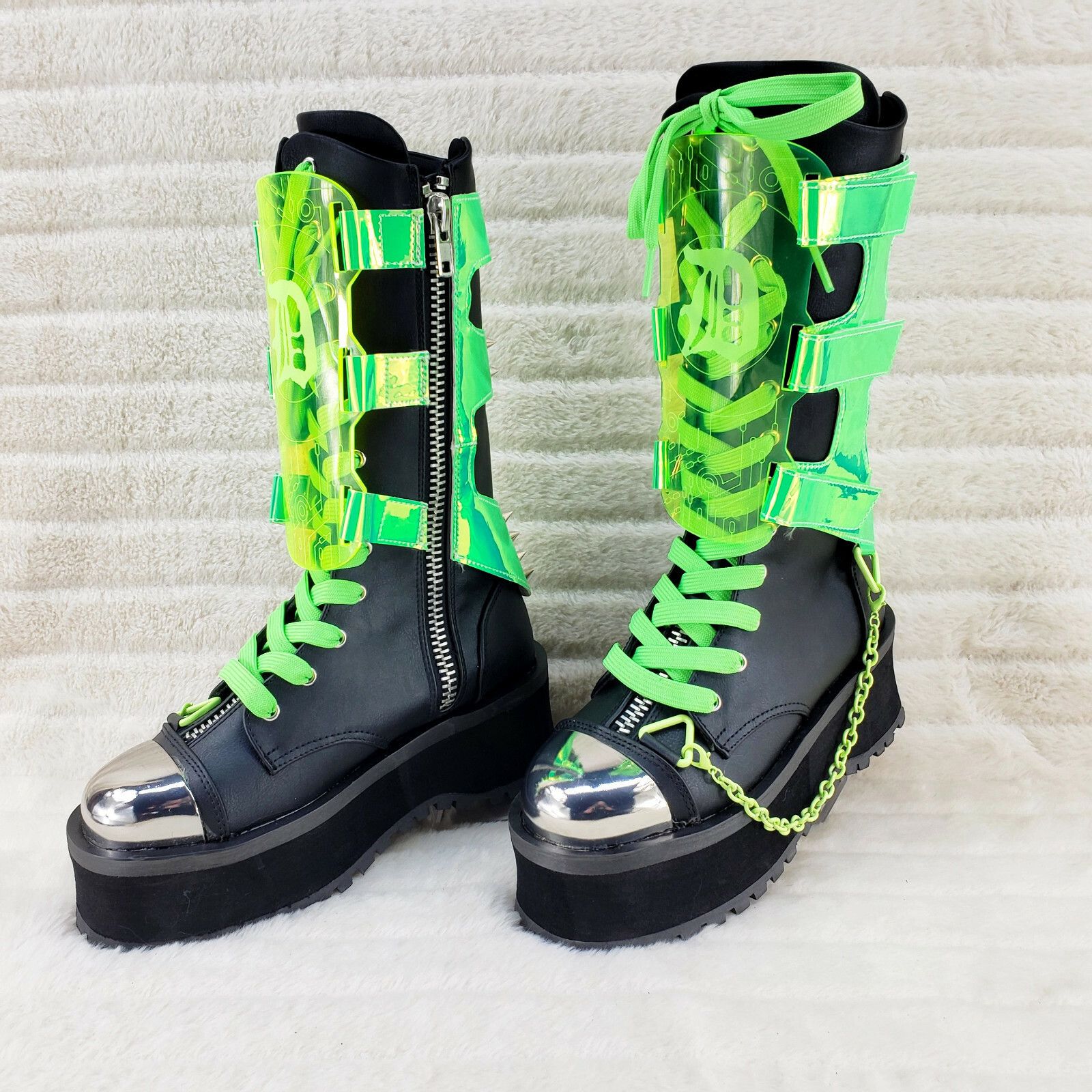 Other GraveDigger 255 Neon Green Acrylic Shield Mid Calf Boots Men Size US 5 / EU 37 - 3 Thumbnail