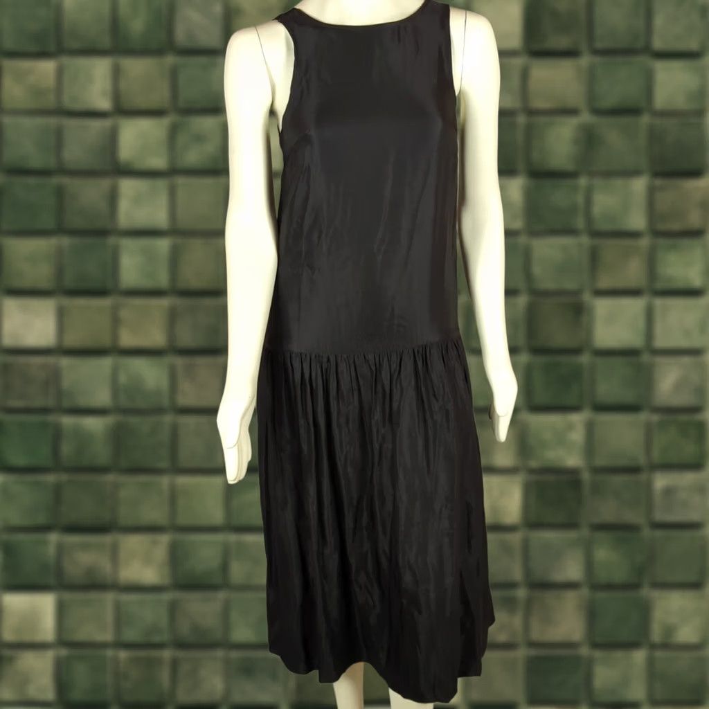Vintage Sancia Tank Dress XS Black Drop Waist Midi Quiet Luxury Cocktail Party Clasp Linen Lyocell Cupro Women's Old Money Minimalist Size XS / US 0-2 / IT 36-38 - 1 Thumbnail