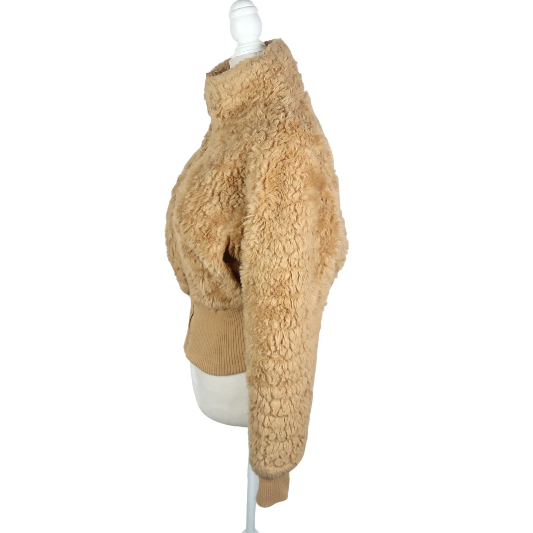 Vintage VINTAGE JouJou Tan Faux Fur Fluffy Bomber Jacket M Womens 90s Bohemian Zip Short Coat Casual 3/4 Sleeve - Length 20" Size M / US 6-8 / IT 42-44 - 3 Thumbnail