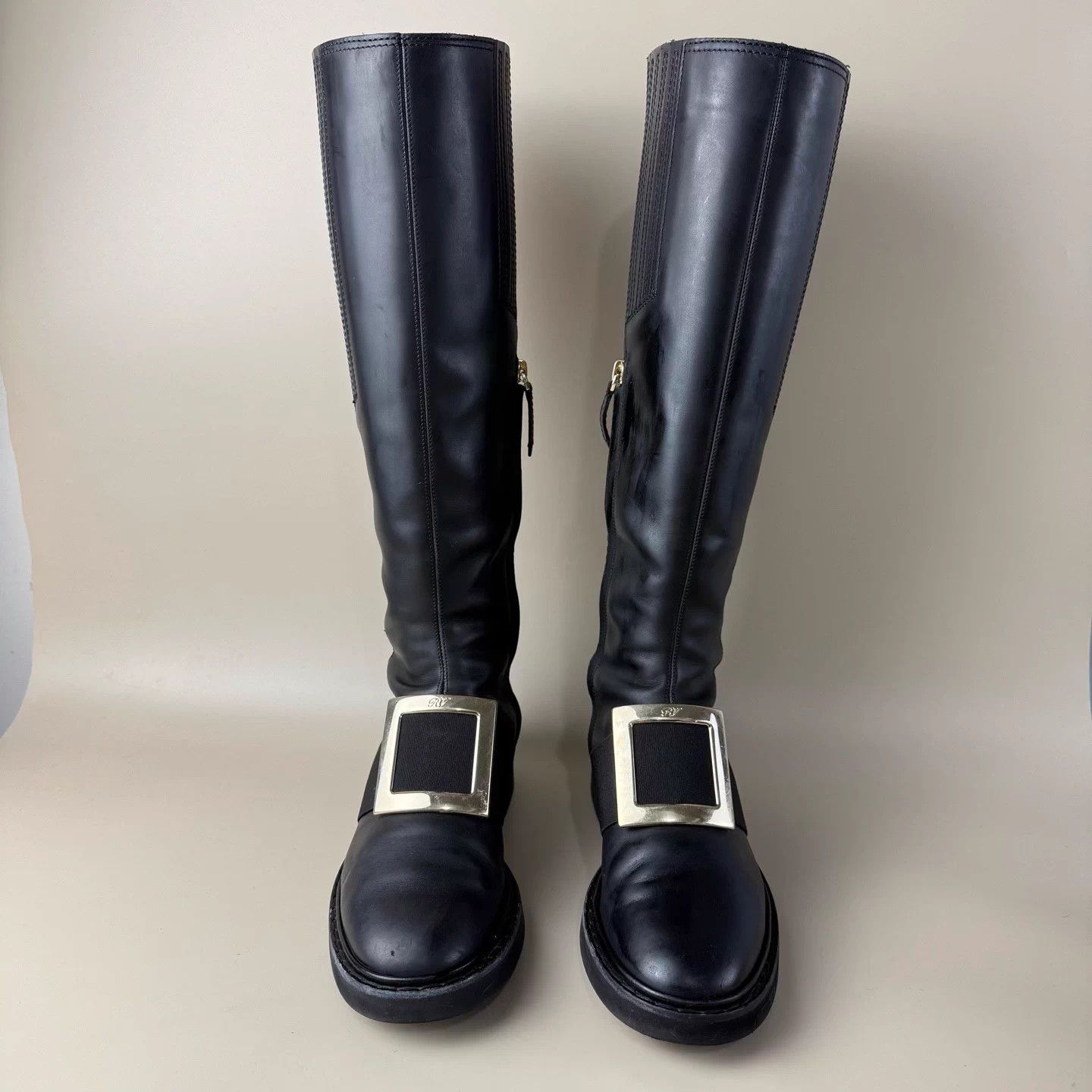 Roger Vivier RV black gold square buckle zip knee-high boots 37.5 Size US 6.5 / IT 36.5 - 2 Thumbnail