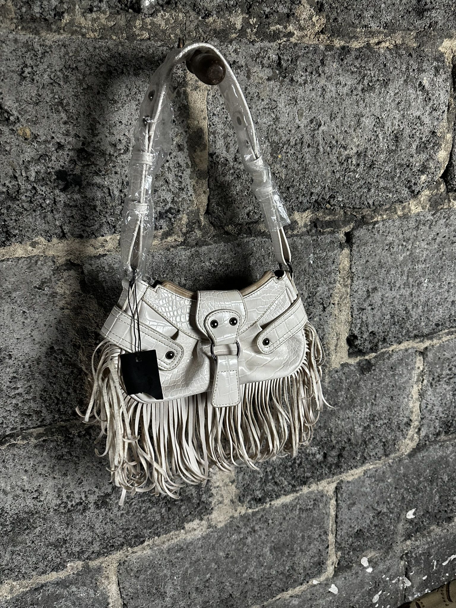 2000s Vintage Avant Garde Faux Leather Fringe Shoulder Bag