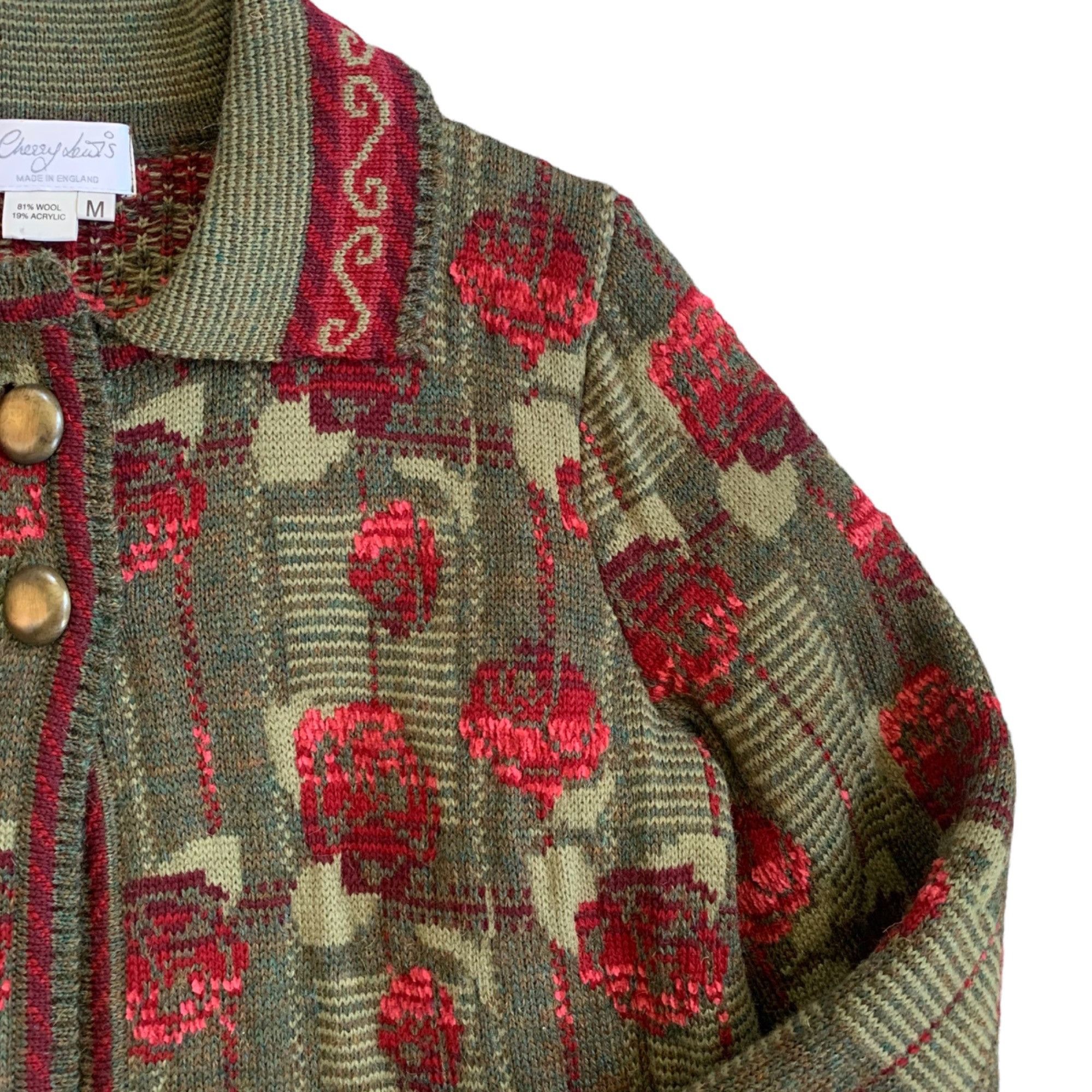 Vintage Vintage Cherry Lewis Floral Chunky Knit Wool Sweater Cardiga Size M / US 6-8 / IT 42-44 - 3 Thumbnail