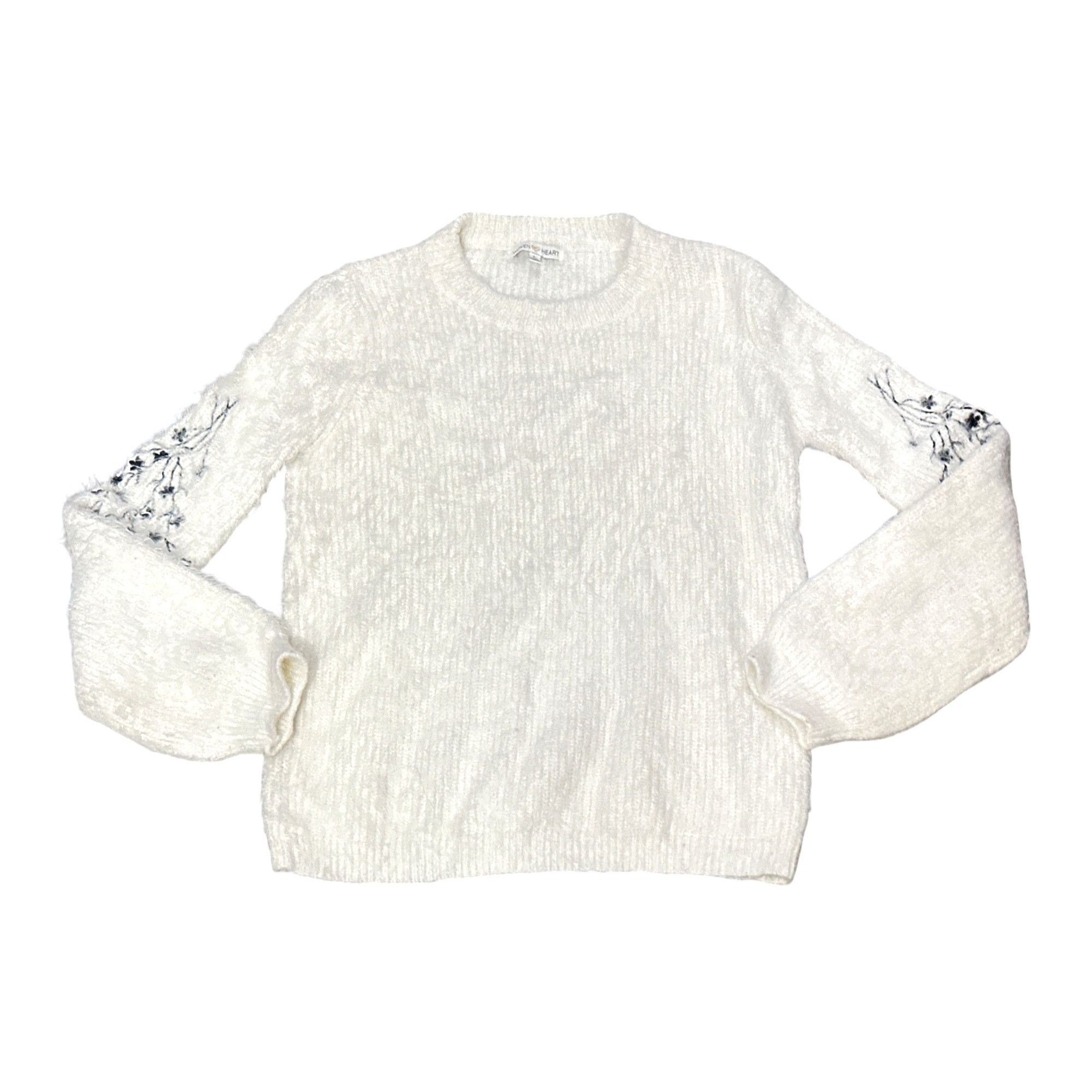 Nordstrom Woven Heart Large Ivory Fuzzy Floral Embroidered Sweater Cot Size L / US 10 / IT 46 - 11 Thumbnail