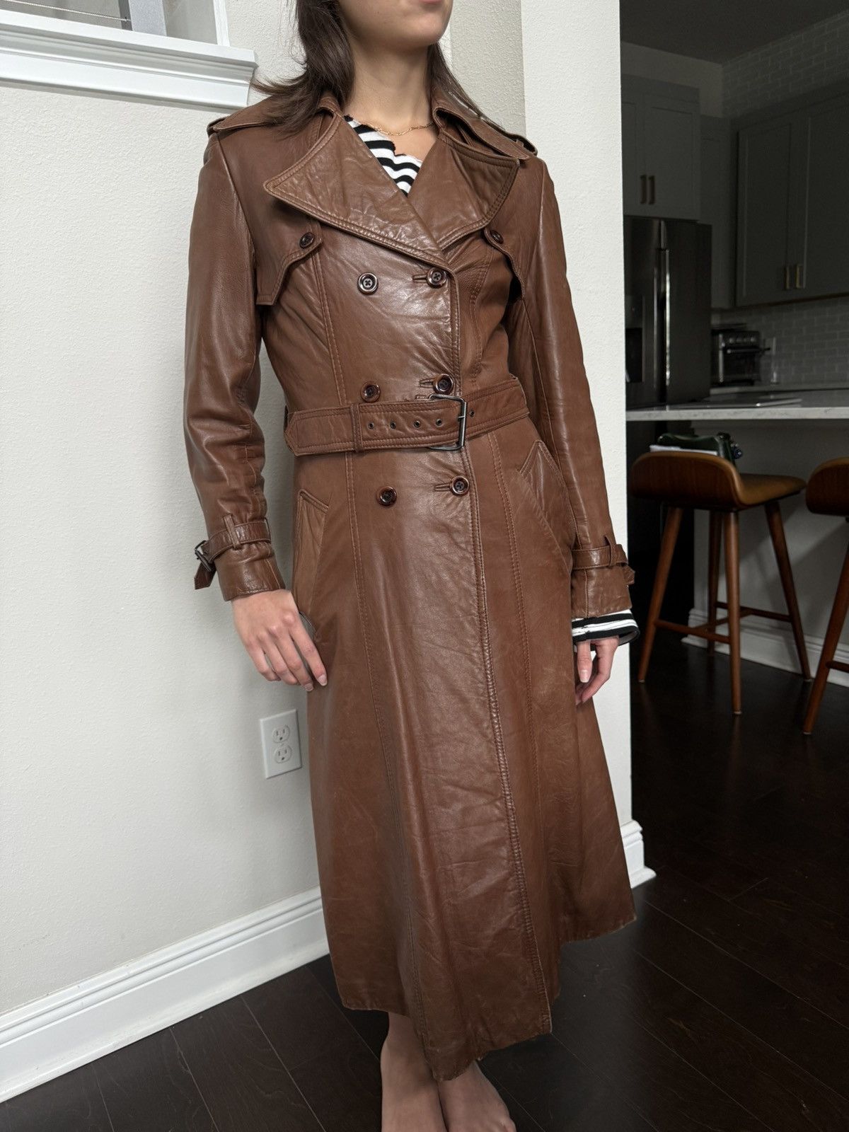 Other 80s Brown Leather Trench Coat Full Belt Wrist Buckles Size S / US 4 / IT 40 - 1 Thumbnail