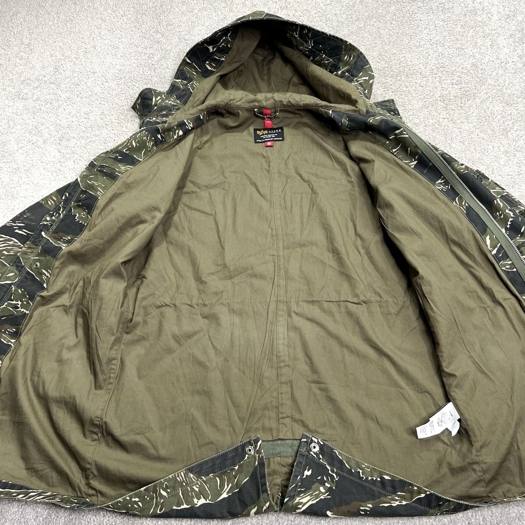 Alpha Industries VINTAGE? No — Alpha Industries Jacket Mens Small Camo Hooded Field Coat Tiger Stripe Zip Green Jacket Size US S / EU 44-46 / 1 - 7 Thumbnail