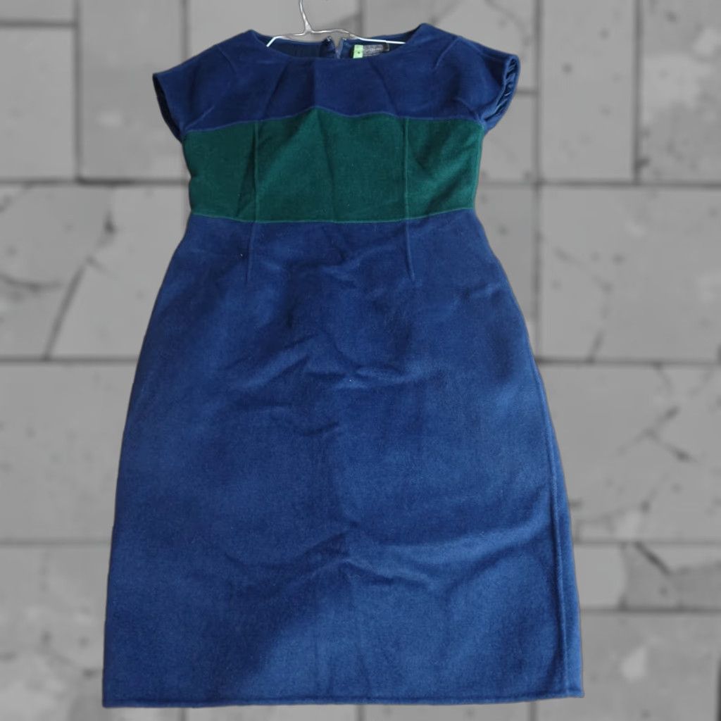 St. John St. John Dress Womens 4 Blue Green Color Block Hand Sewn Angora Wool Cashmere Knits Knee Length Cap Sleeve Short Sleeve Jacket Style Sheath Size S / US 4 / IT 40 - 1 Thumbnail