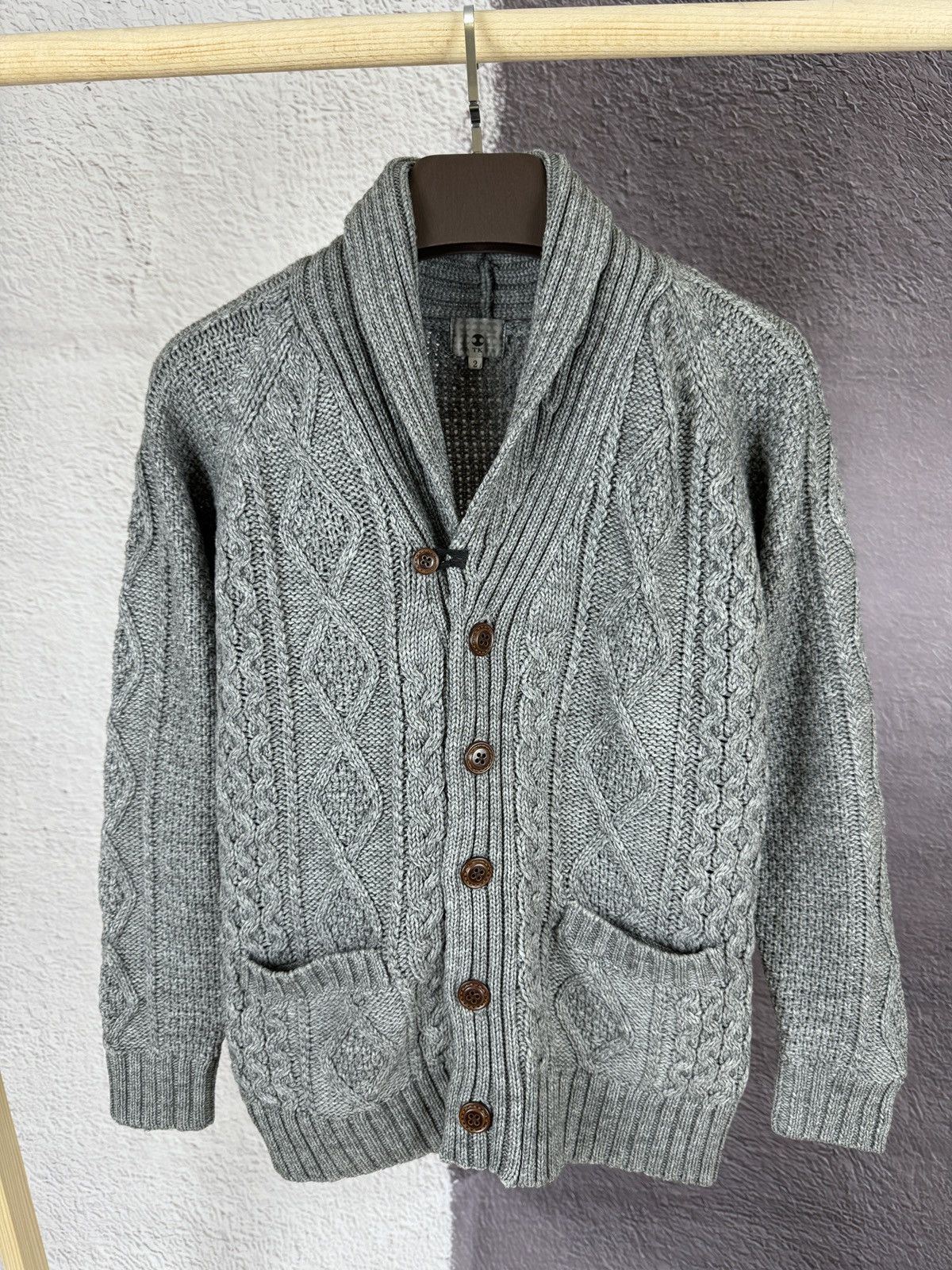Japanese Brand × Takeo Kikuchi × Vintage TK Takeo Kikuchi vintage grey shawl neck cable knit cardigan Size US S / EU 44-46 / 1 - 2 Thumbnail