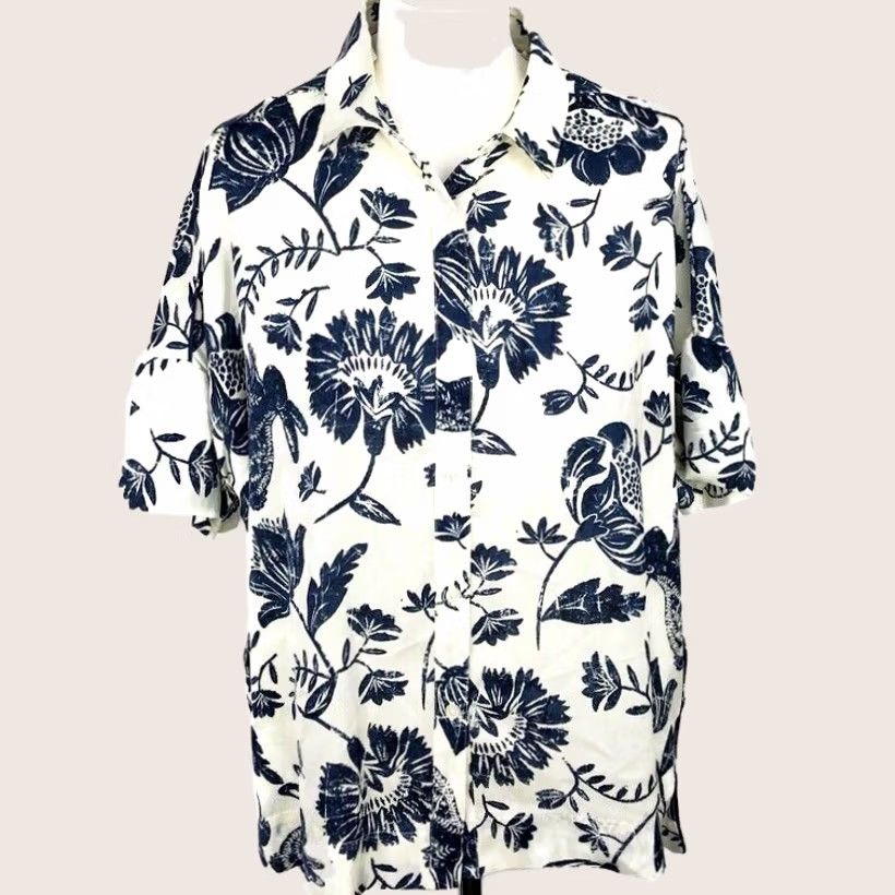 NEXT NEXT Collection Luxe Oversized Shirt Blouse - Floral Rabbits - Cream & Blue - Short Sleeve - UK 6 - Womens Size M / US 6-8 / IT 42-44 - 1 Thumbnail