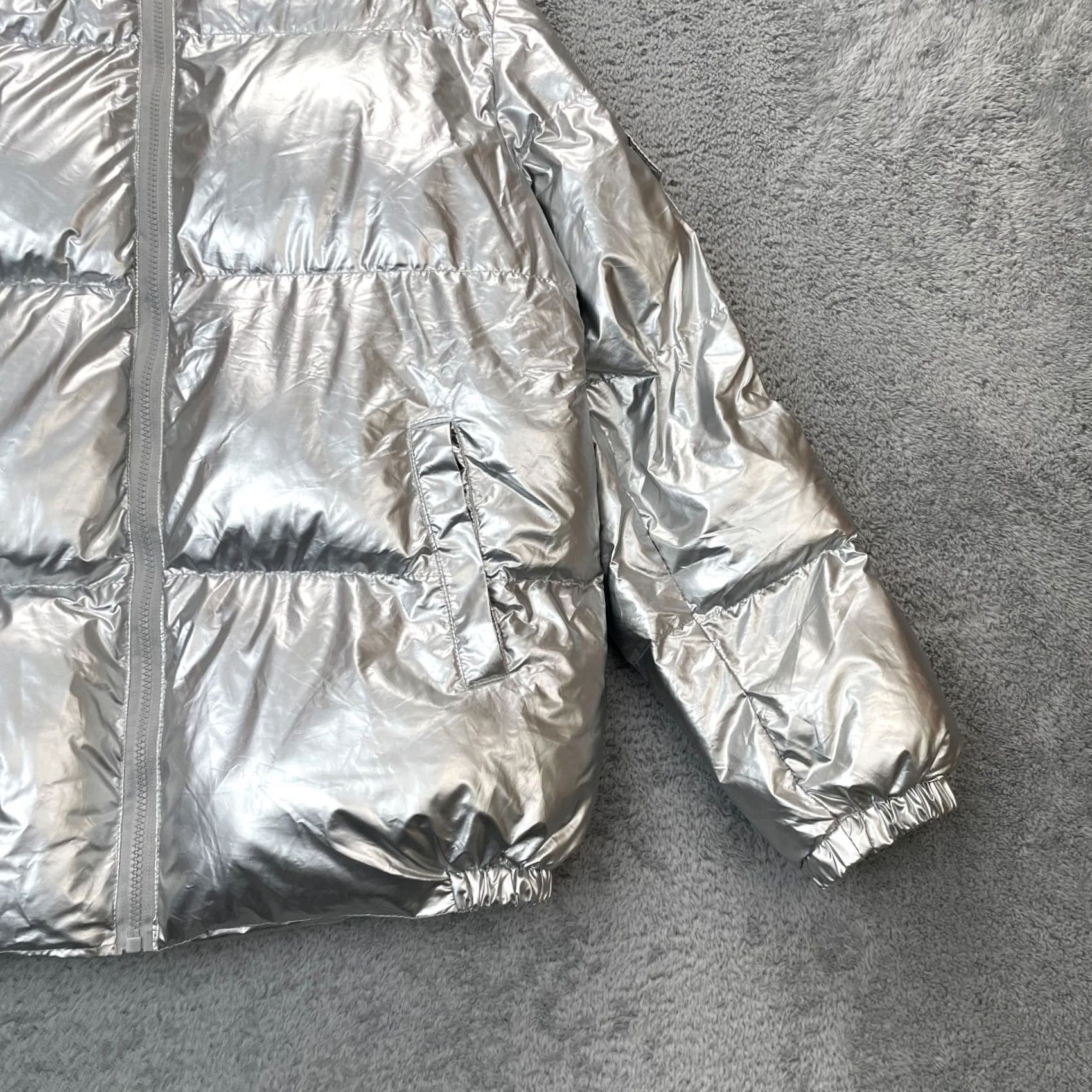 Vintage Allegra K Jacket Womens M Silver Puffer Coat Hooded Insulated Zip Short Coat Regular Size City Style Mens? Girls? Size M / US 6-8 / IT 42-44 - 5 Thumbnail