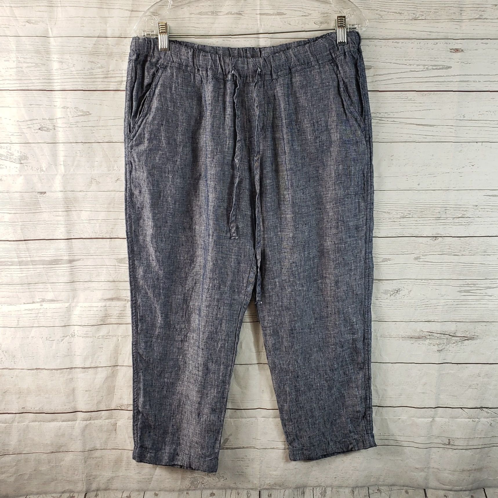Vintage Allen Allen Womens Cropped Linen Pants M Blue Cuffed Drawstring Size 32" / US 10 / IT 46 - 2 Thumbnail