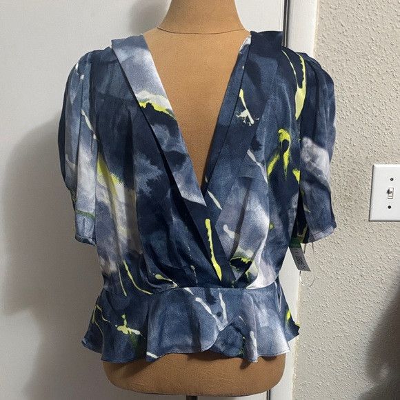 DKNY DKNY Navy Abstract V-Neck Peplum Top with Lime Accents L Size L / US 10 / IT 46 - 1 Thumbnail