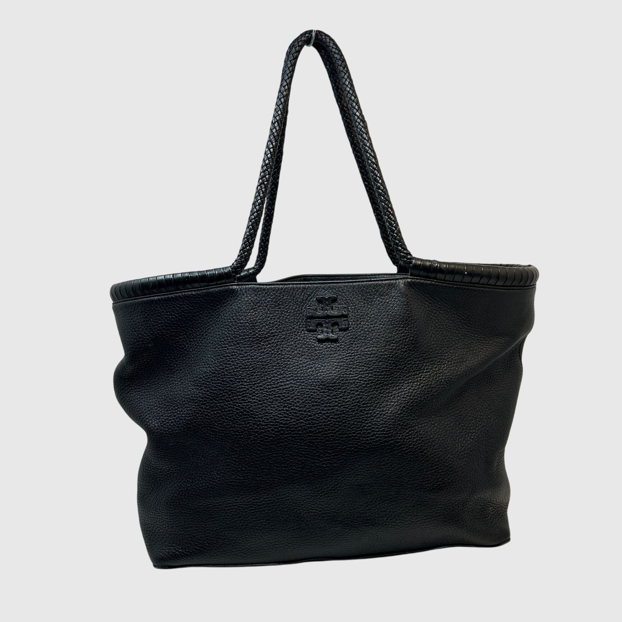 Tory Burch Tory Burch Black Pebbled Leather Tote Bag Braided Handle Size ONE SIZE - 1 Thumbnail