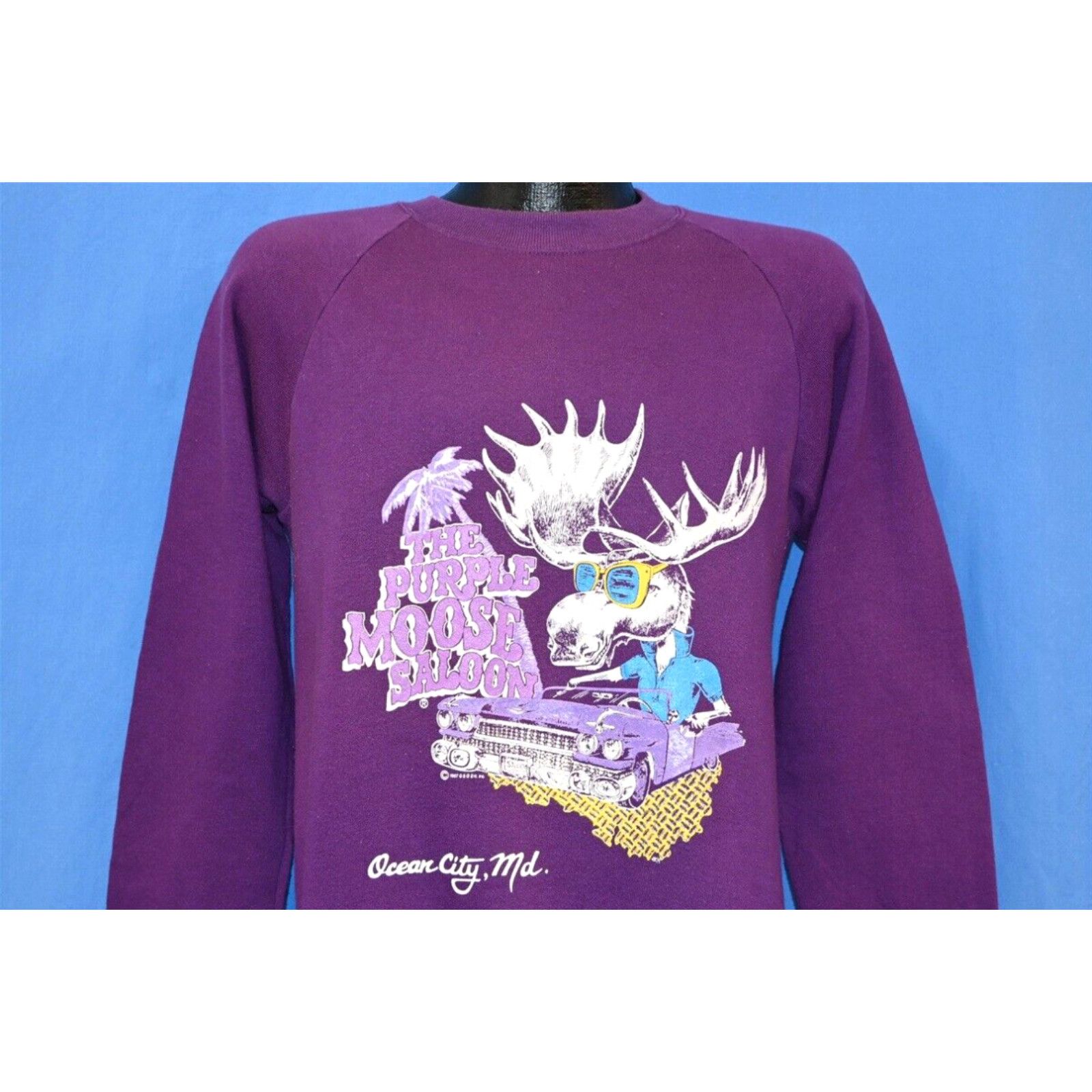 image of Jerzees Vintage 80's Purple Moose Saloon Ocean City Maryland Souvenir Raglan Sweatshirt S in White 