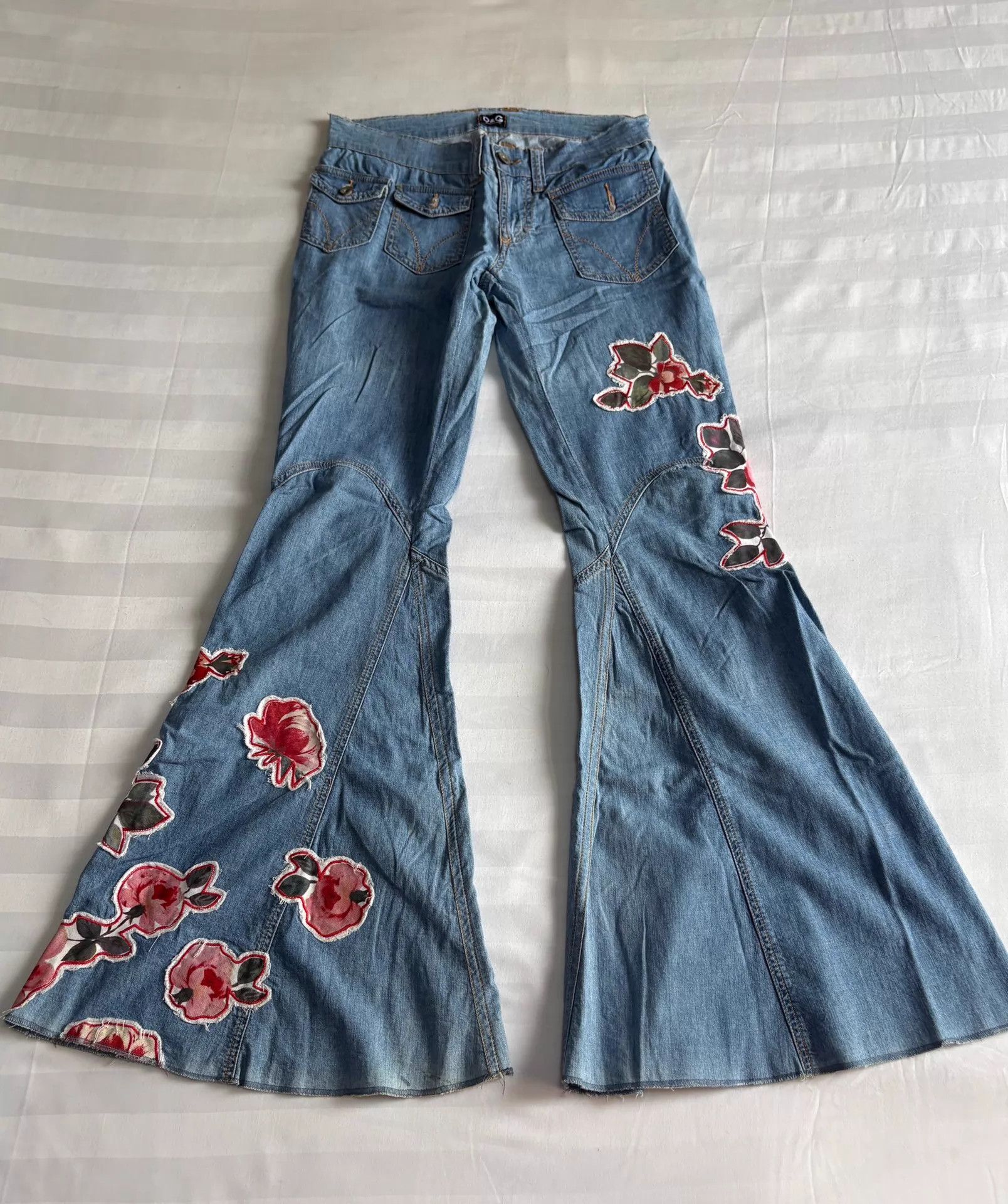 Dolce & Gabbana D&G Vintage Flower Patchwork Oversized Flare Jeans Size 31" - 2 Thumbnail