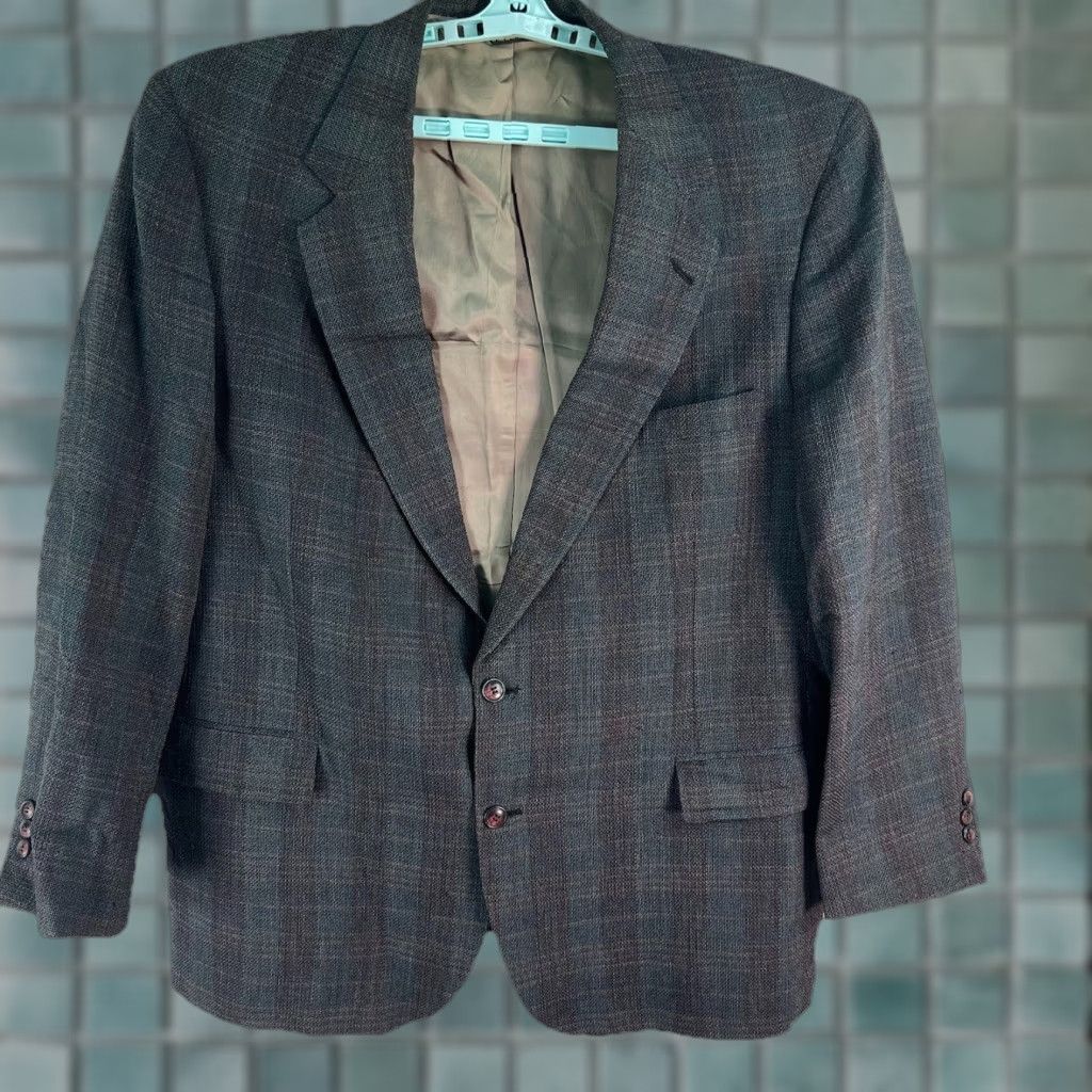 Vintage VINTAGE Sansabelt Window Pane Blazer Jacket Men’s 48 Gray Wool Tweed Notch Single-Breasted 2-Button Front USA Made Mens Size 48R - 1 Thumbnail