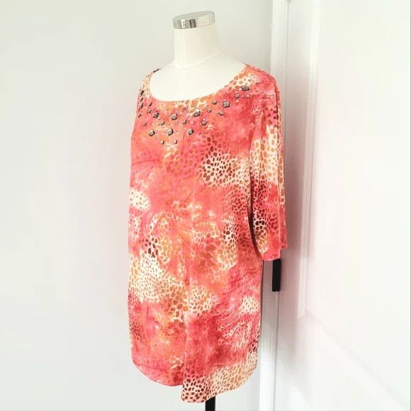 Vacation Susan Graver Coral Multi Embellished Leopard 3/4 Slv Top Size XL / US 12-14 / IT 48-50 - 3 Thumbnail