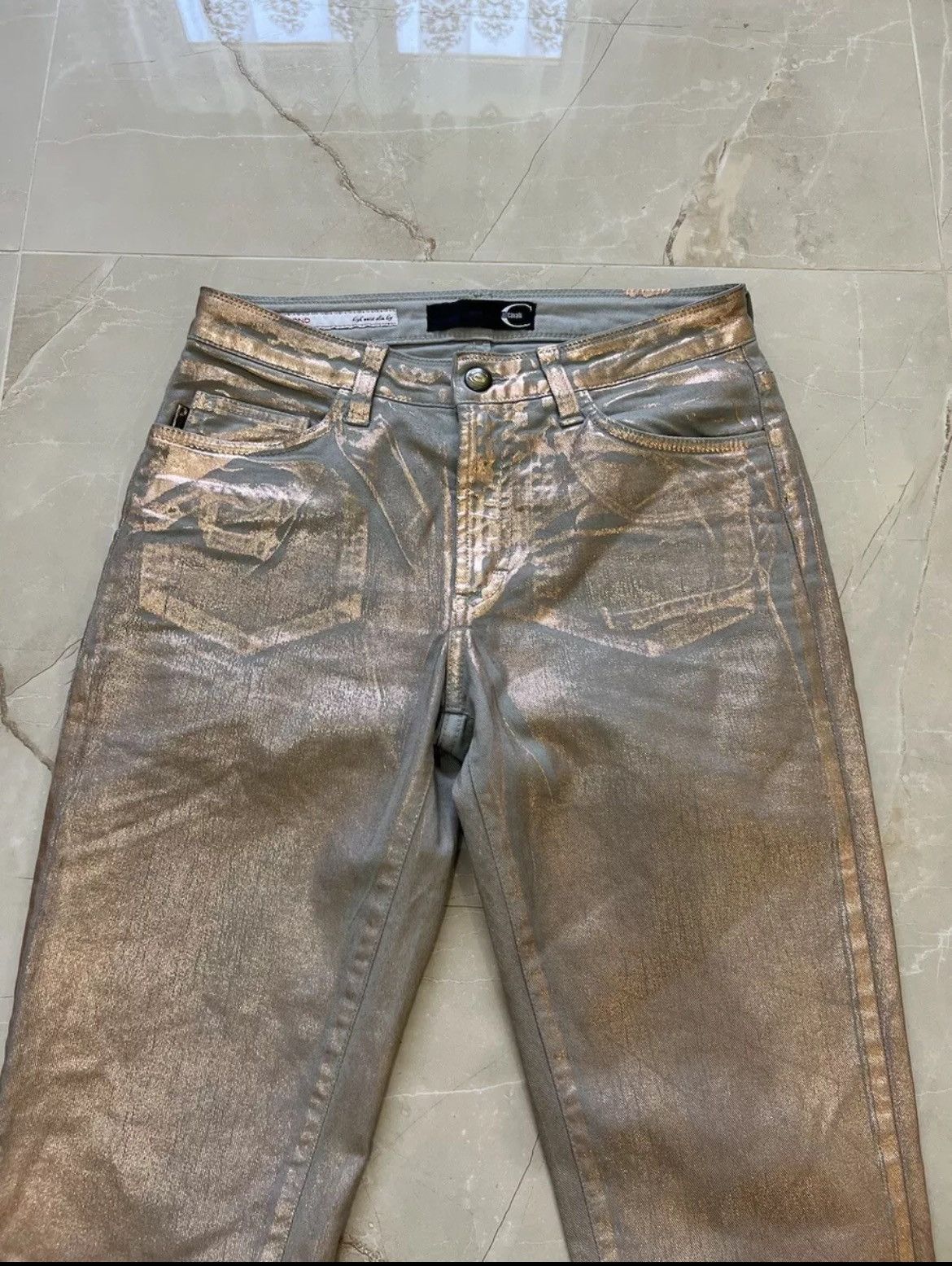 Roberto Cavalli × Vintage VTG Just Cavalli Red Diamond High Waist Blue Gold Metallic Size 26" / US 2 / IT 38 - 2 Thumbnail