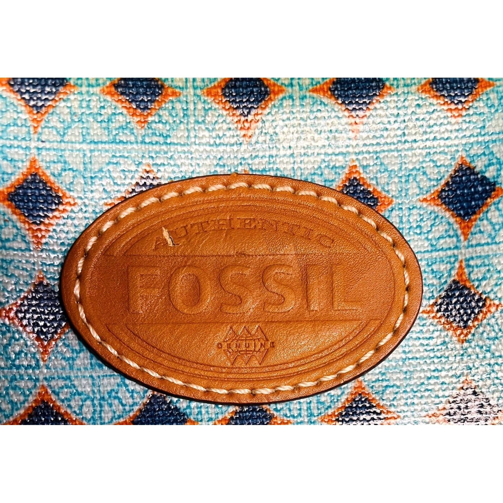 Fossil Fossil Kinley Crossbody Blue Crossbody Purse Women’s Vinyl Geometric Shape Tote Bag 90s Pattern Casual Travel Adjustable Strap Brown Hardware Size ONE SIZE - 5 Thumbnail